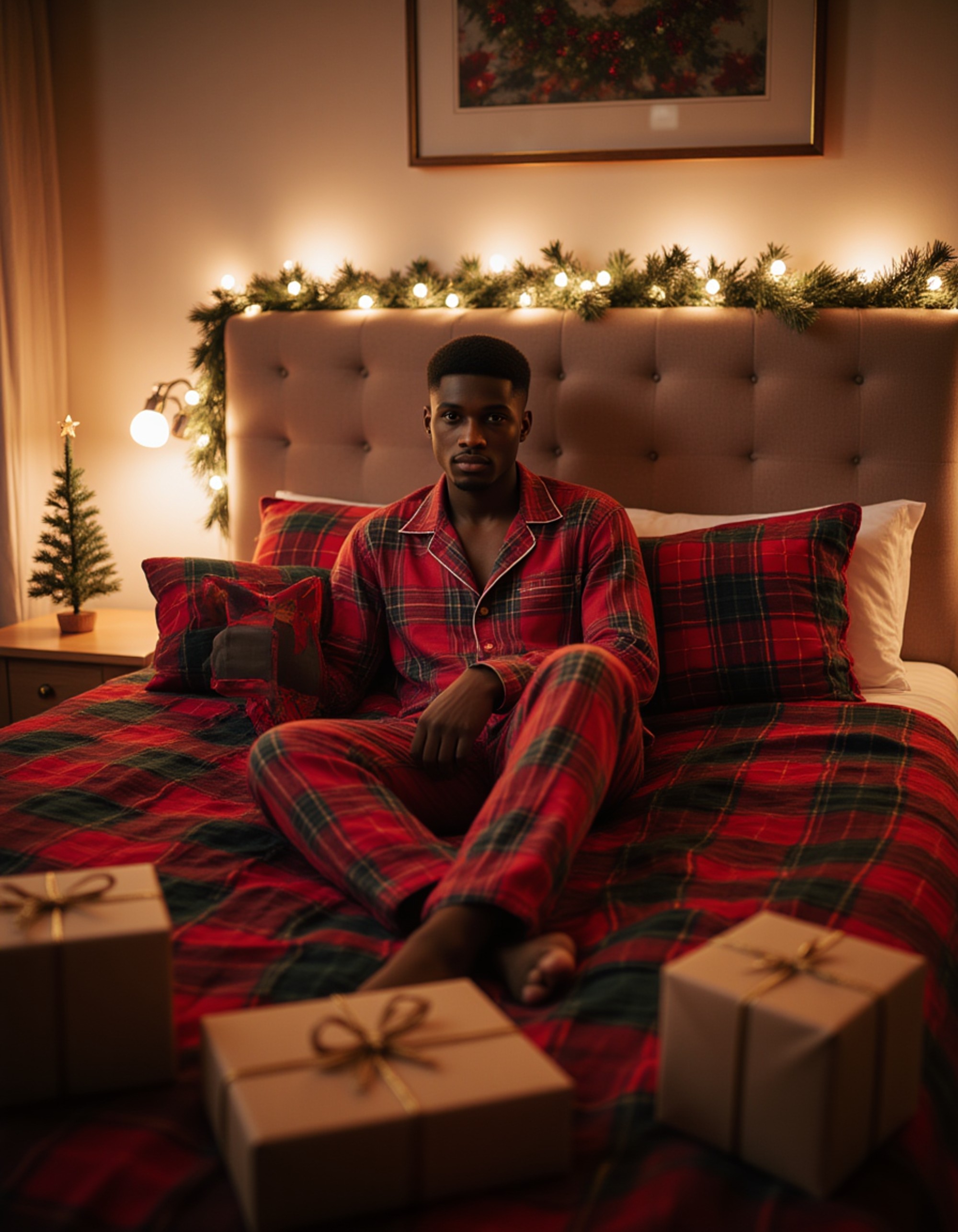 A model lounging on a luxurious bed covered in plaid blankets and festive pillows, wearing silk holiday pajamas, with a mini decorated Christmas tree on the nightstand, string lights draped across the headboard, and wrapped presents at the foot of the bed creating a cozy bedroom retreat