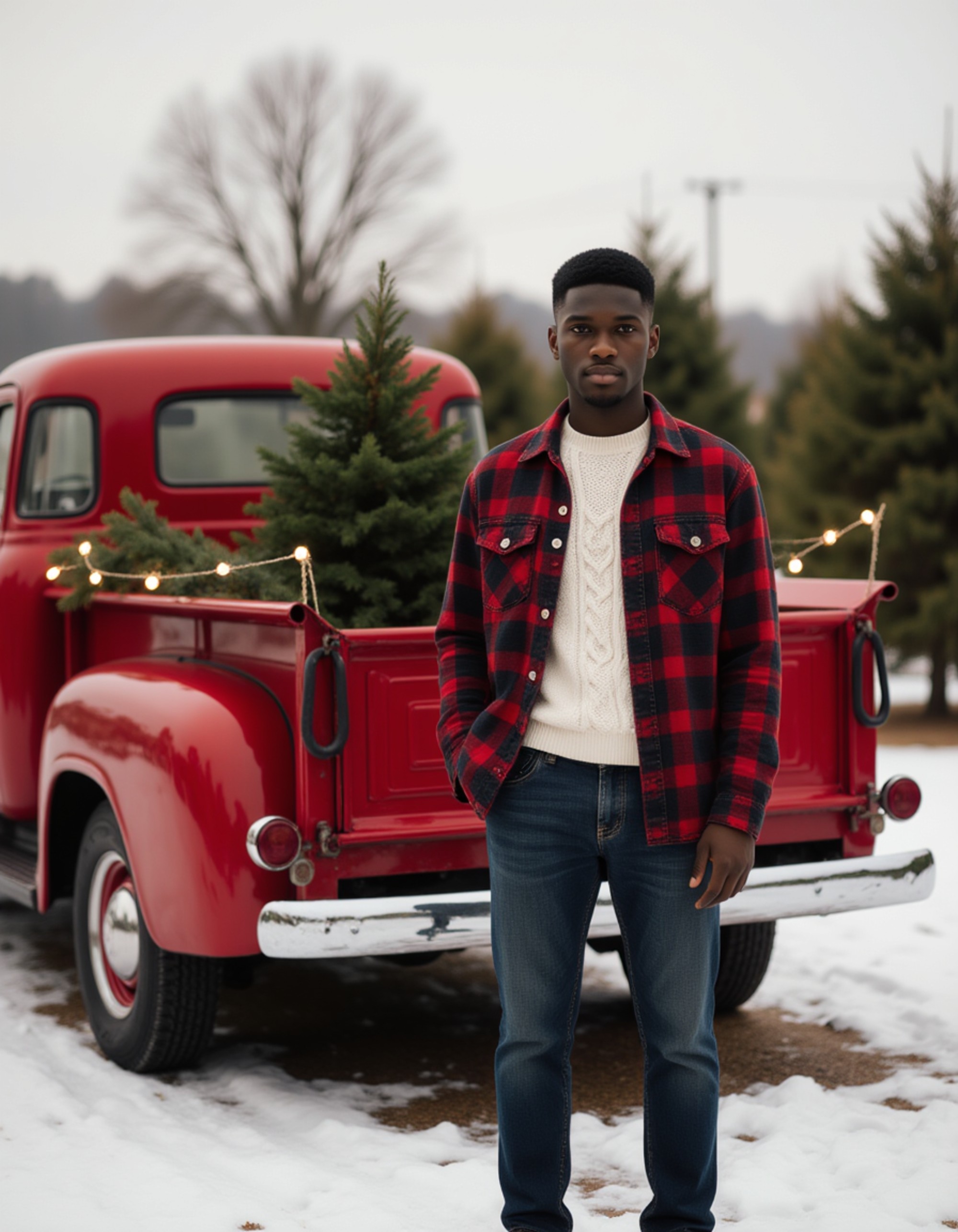 A model standing beside a vintage red truck decorated with a Christmas tree in the bed, wearing denim and a buffalo check flannel shirt, with a snowy tree farm in the background, rope lights on the truck, and a nostalgic rural holiday tradition atmosphere