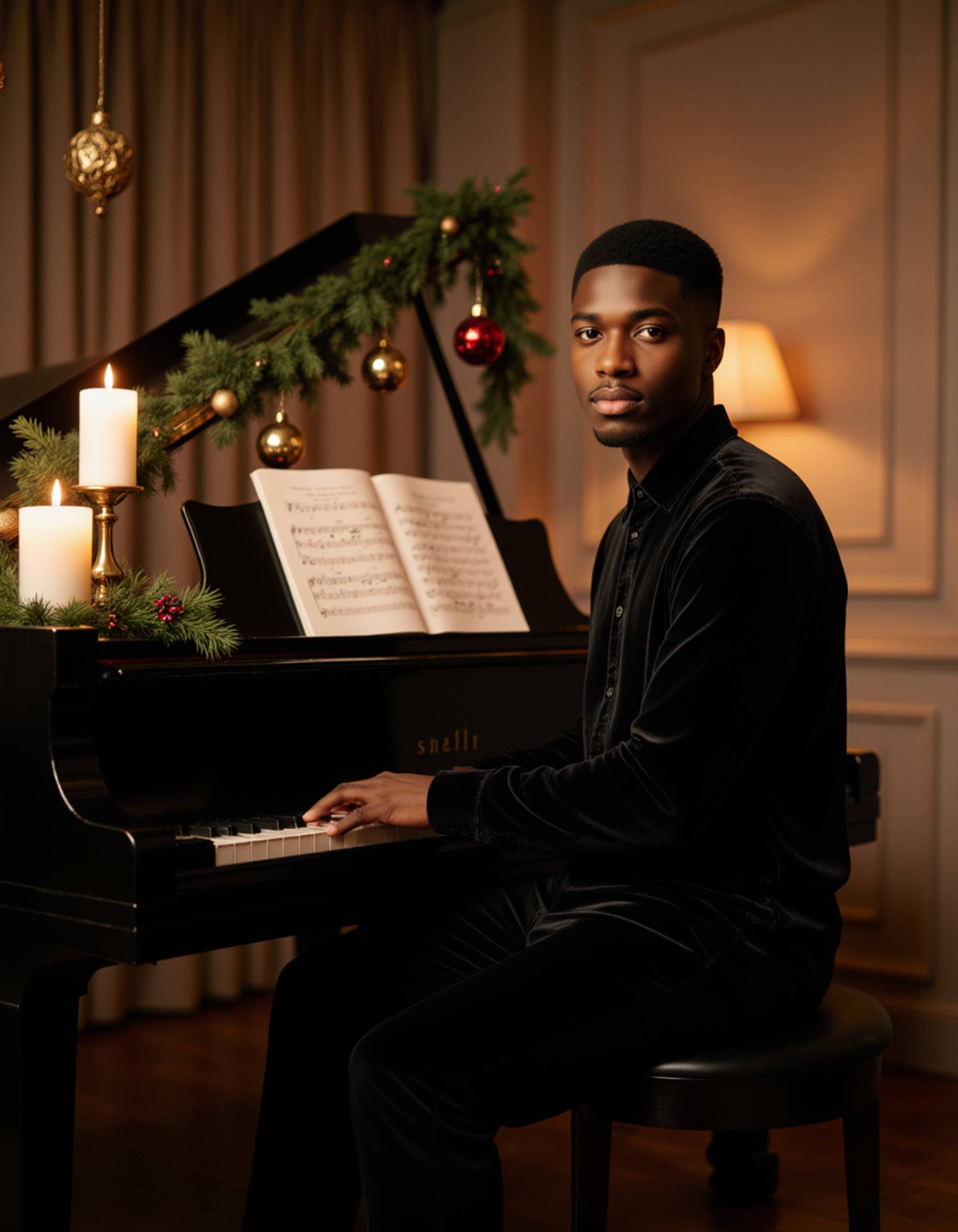 A model sitting at a piano decorated with evergreen garland and candles, wearing an elegant black velvet dress, with sheet music of Christmas carols visible, ornaments hanging above, soft candlelight illuminating the scene, and a sophisticated holiday music evening ambiance