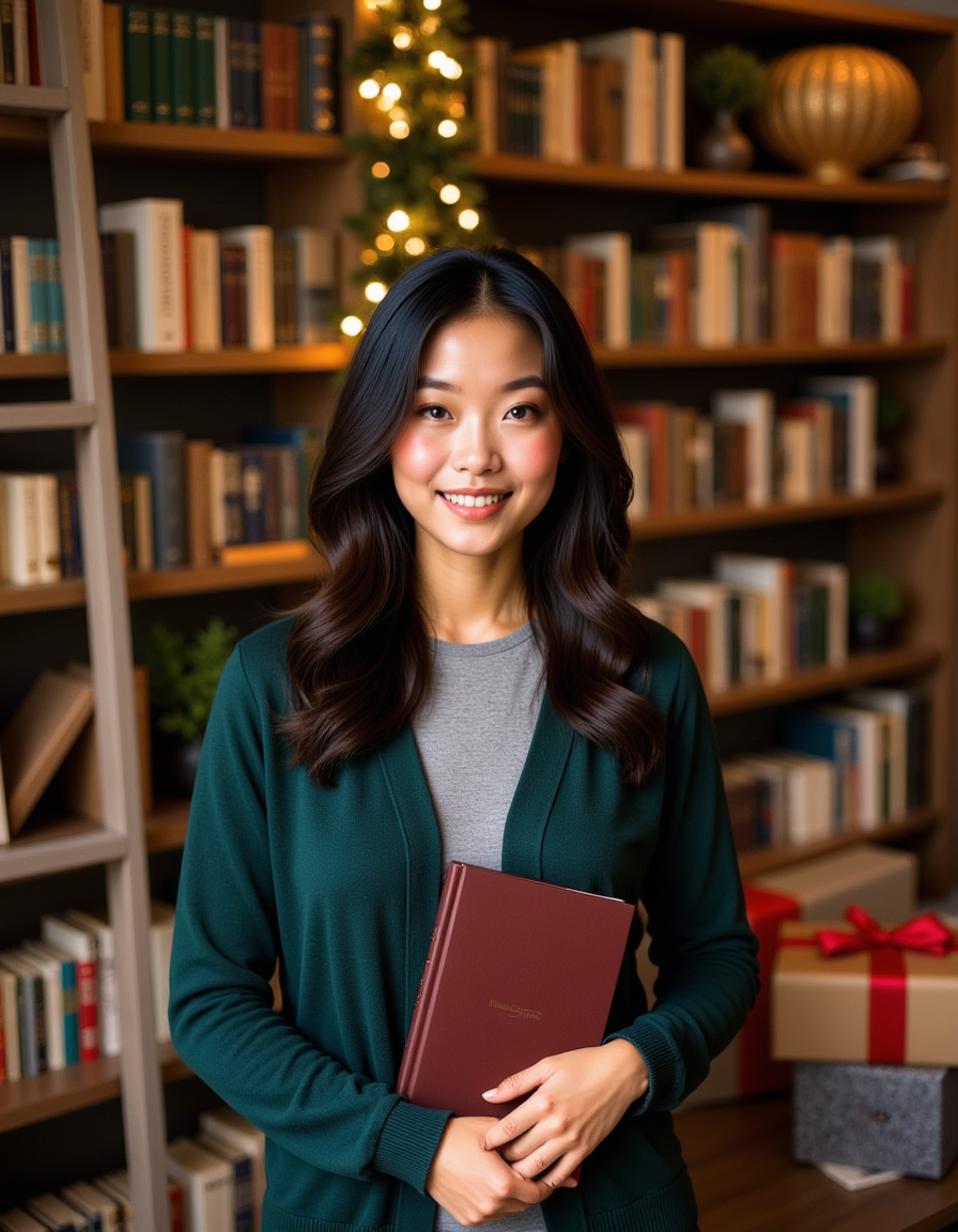 A model standing in a festive library surrounded by bookshelves decorated with garland and fairy lights, wearing a forest green cardigan and holding a leather-bound Christmas story book, with a ladder leaning against the shelves, wrapped presents stacked nearby, and a cozy literary holiday atmosphere