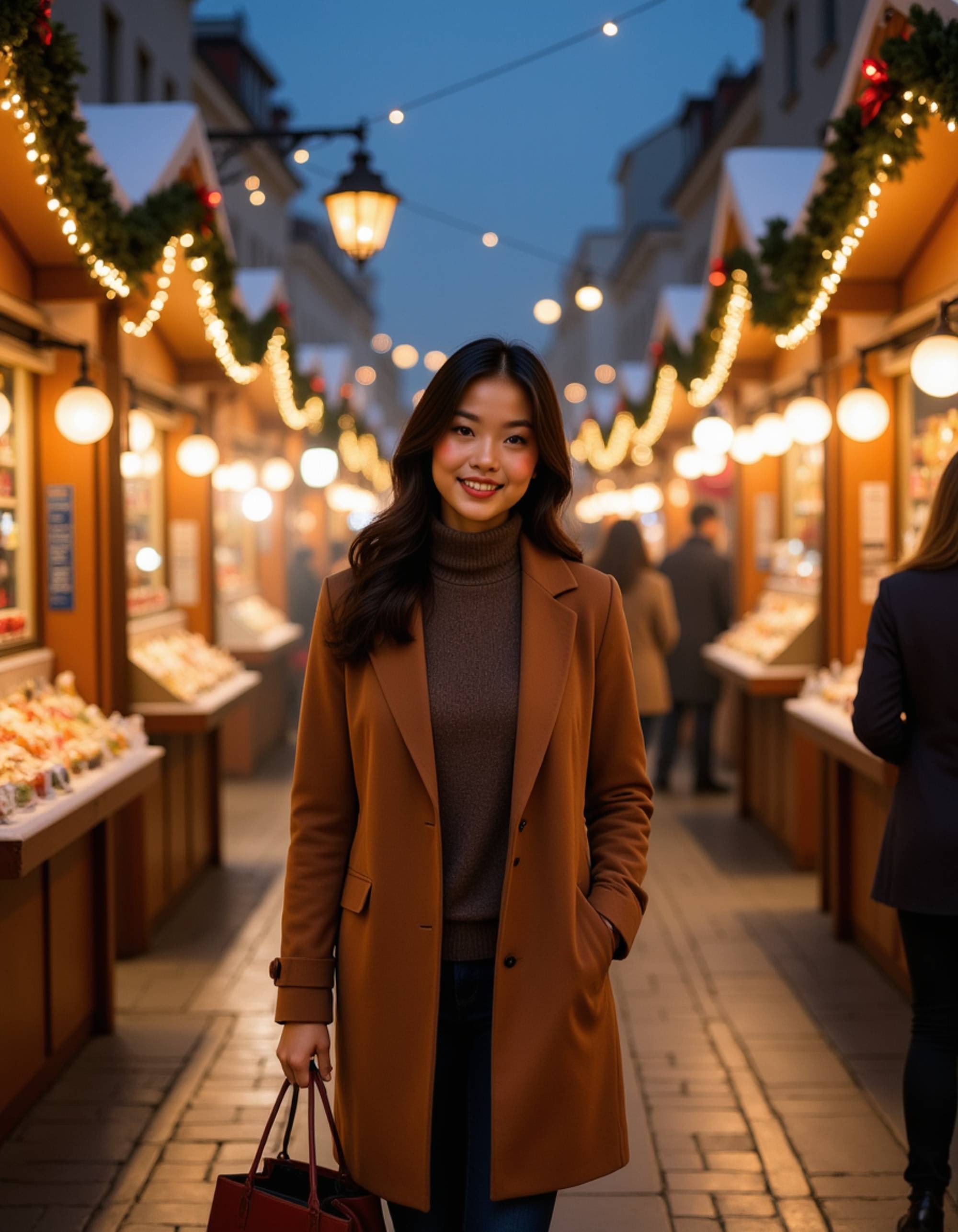 A model walking through a European-style Christmas market at night, wearing a camel wool coat and carrying shopping bags, with wooden vendor stalls decorated with lights and wreaths, steam rising from mulled wine stands, and a magical festive marketplace scene