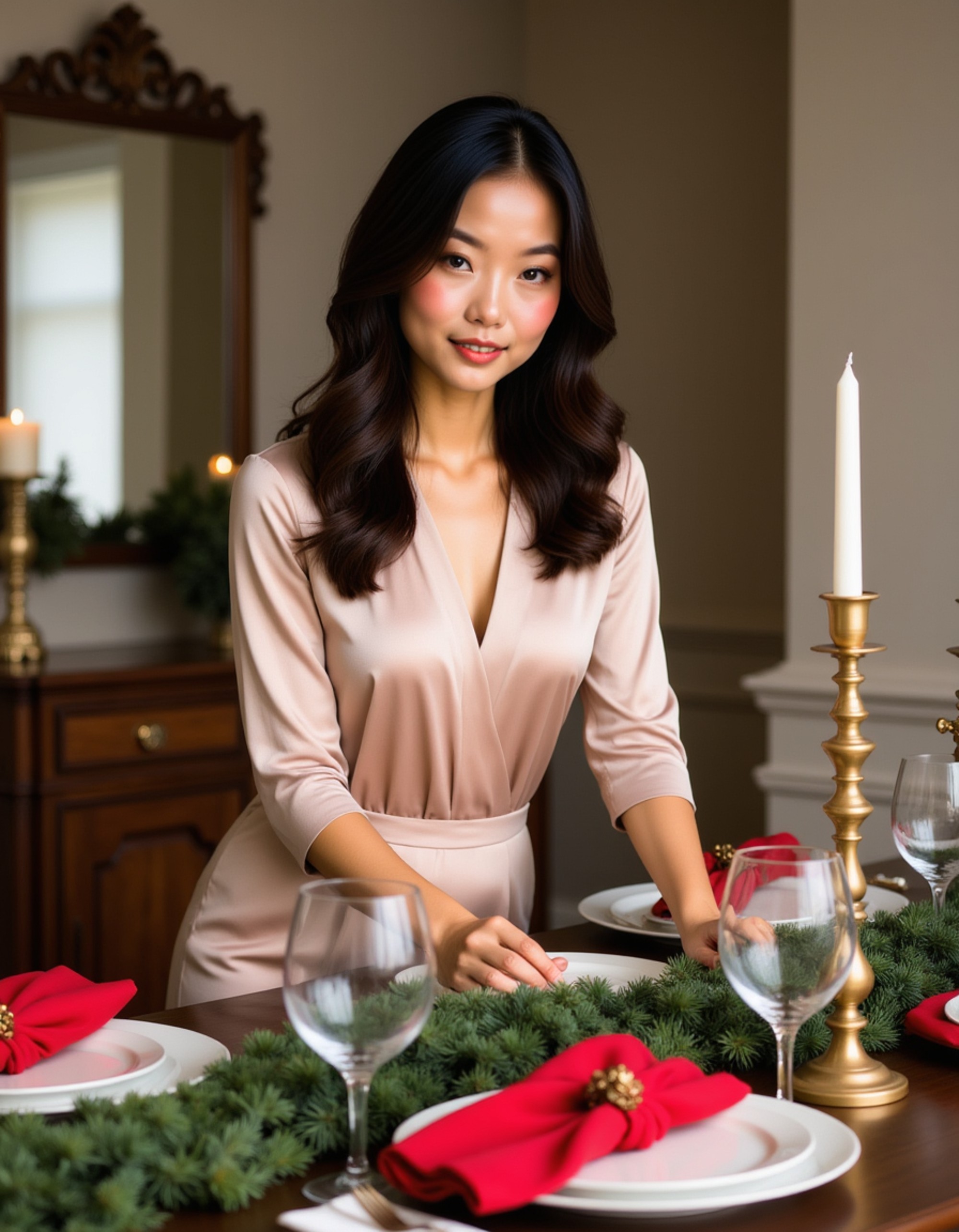 A model arranging a holiday tablescape with elegant china and crystal glasses, wearing a sophisticated champagne-colored blouse, with evergreen runners, gold candelabras, red napkins folded artfully, and a beautifully decorated dining room prepared for Christmas dinner