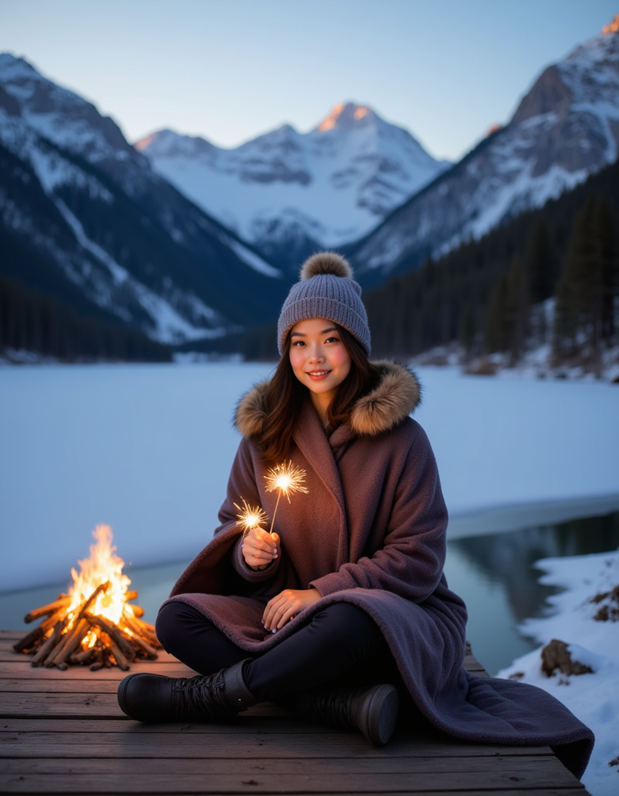A model sitting on a wooden dock by a frozen lake wrapped in a thick blanket, wearing winter boots and a knit beanie, holding sparklers that illuminate the evening, with a small campfire nearby, snow-covered mountains in the distance, and a peaceful winter solstice celebration vibe