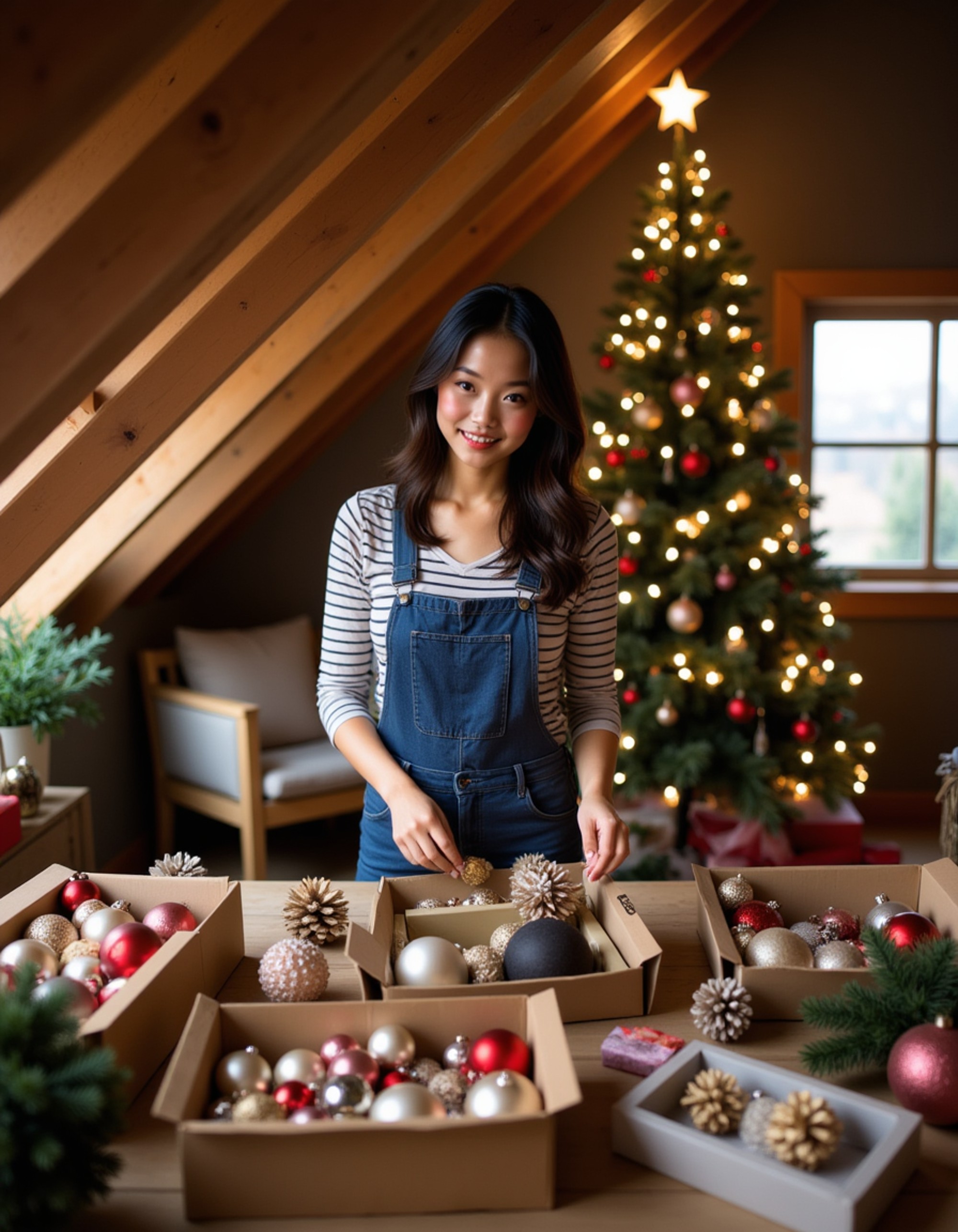 A model standing in an attic space decorating with vintage Christmas ornaments, wearing overalls and a striped shirt, surrounded by opened boxes of heirloom decorations, string lights being hung from wooden beams, and a nostalgic family tradition of preparing holiday decor scene