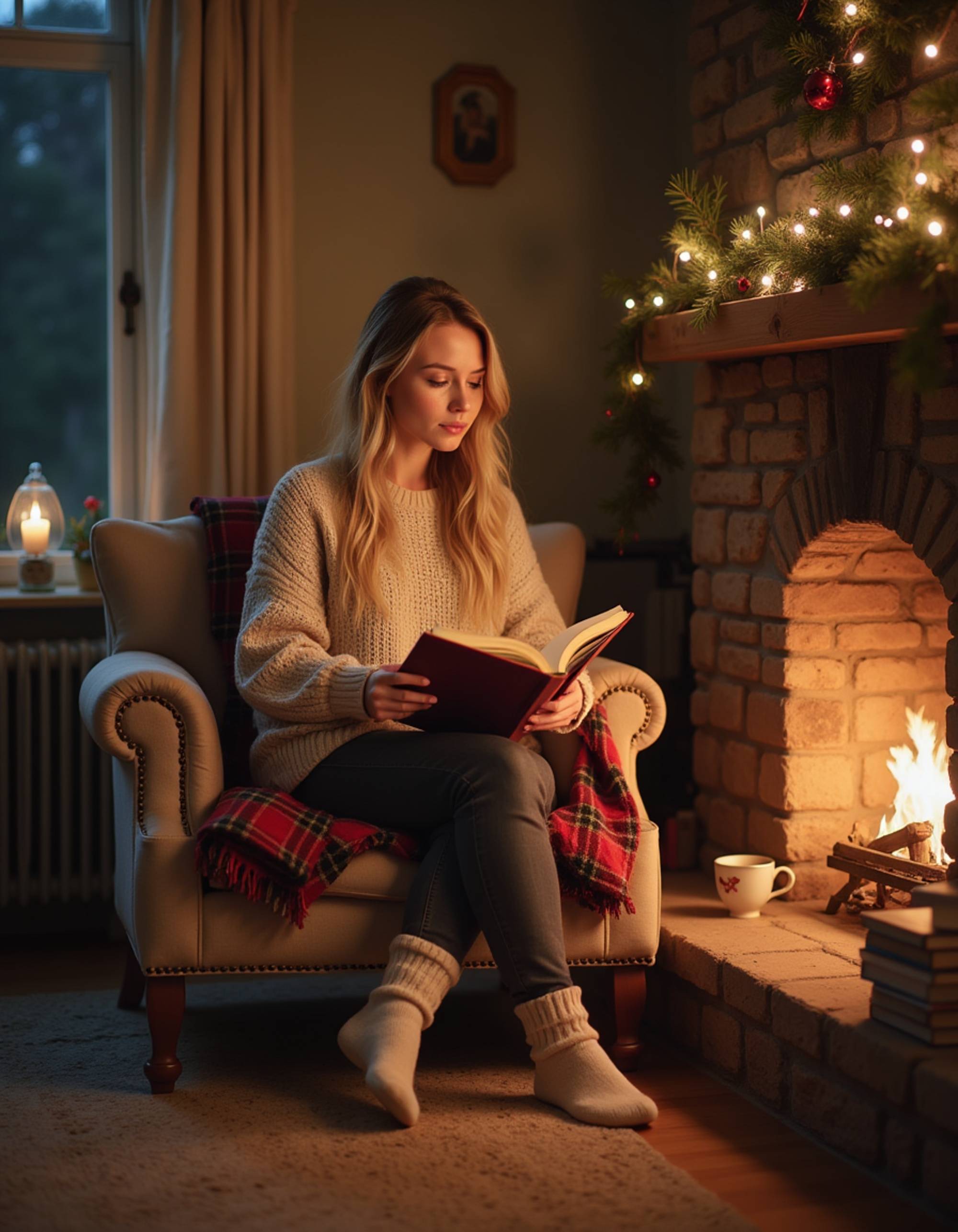 A model sitting in a cozy reading corner by a stone fireplace, wearing a chunky oversized sweater and wool socks, with a stack of Christmas books beside them, a plaid blanket draped over their lap, steaming tea on a side table, and soft firelight casting warm shadows