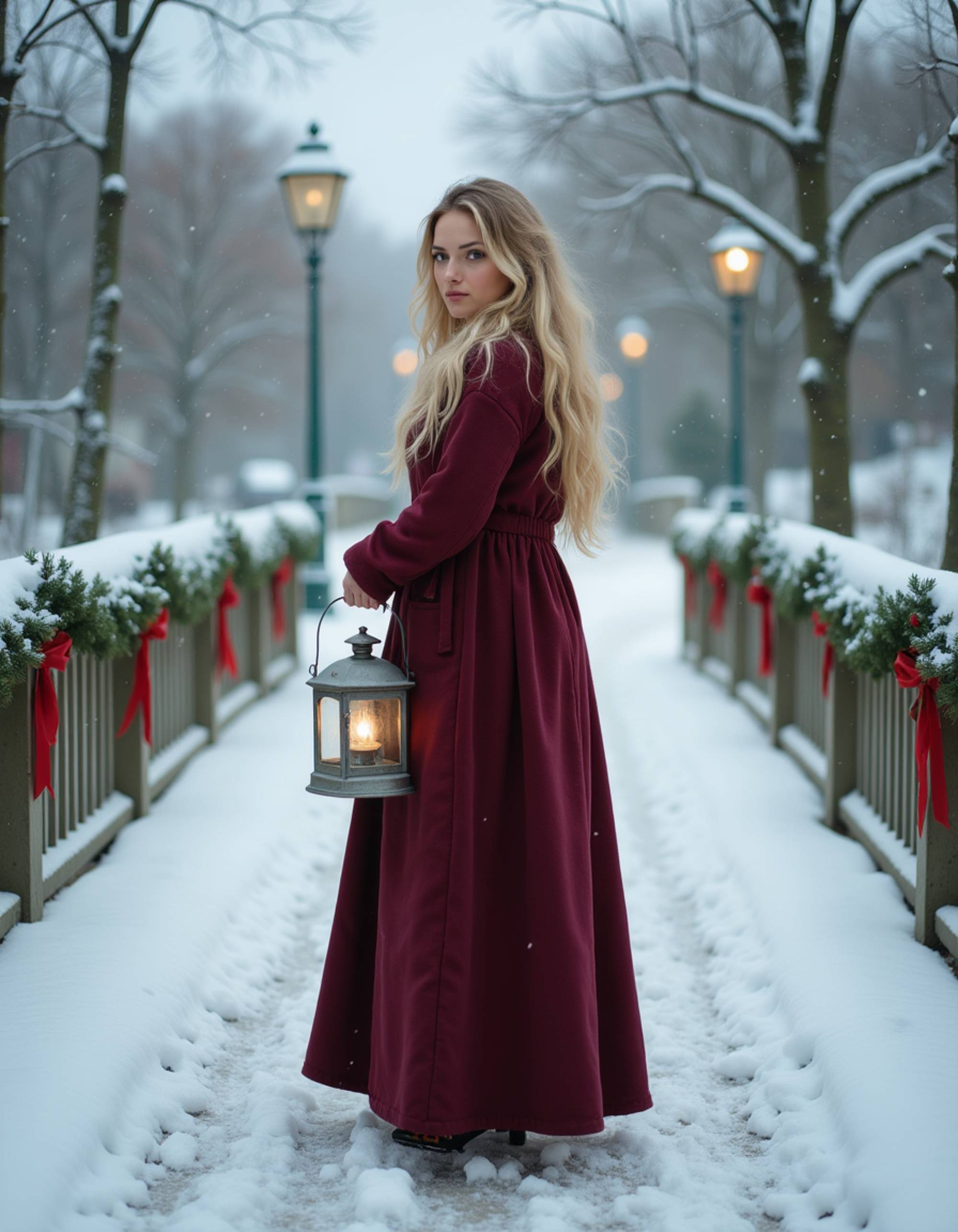 A model standing on a snow-covered bridge decorated with evergreen garland and red ribbons, wearing a long burgundy coat and carrying a vintage lantern, with a frozen stream below, snow-laden trees arching overhead, and a romantic winter evening stroll atmosphere