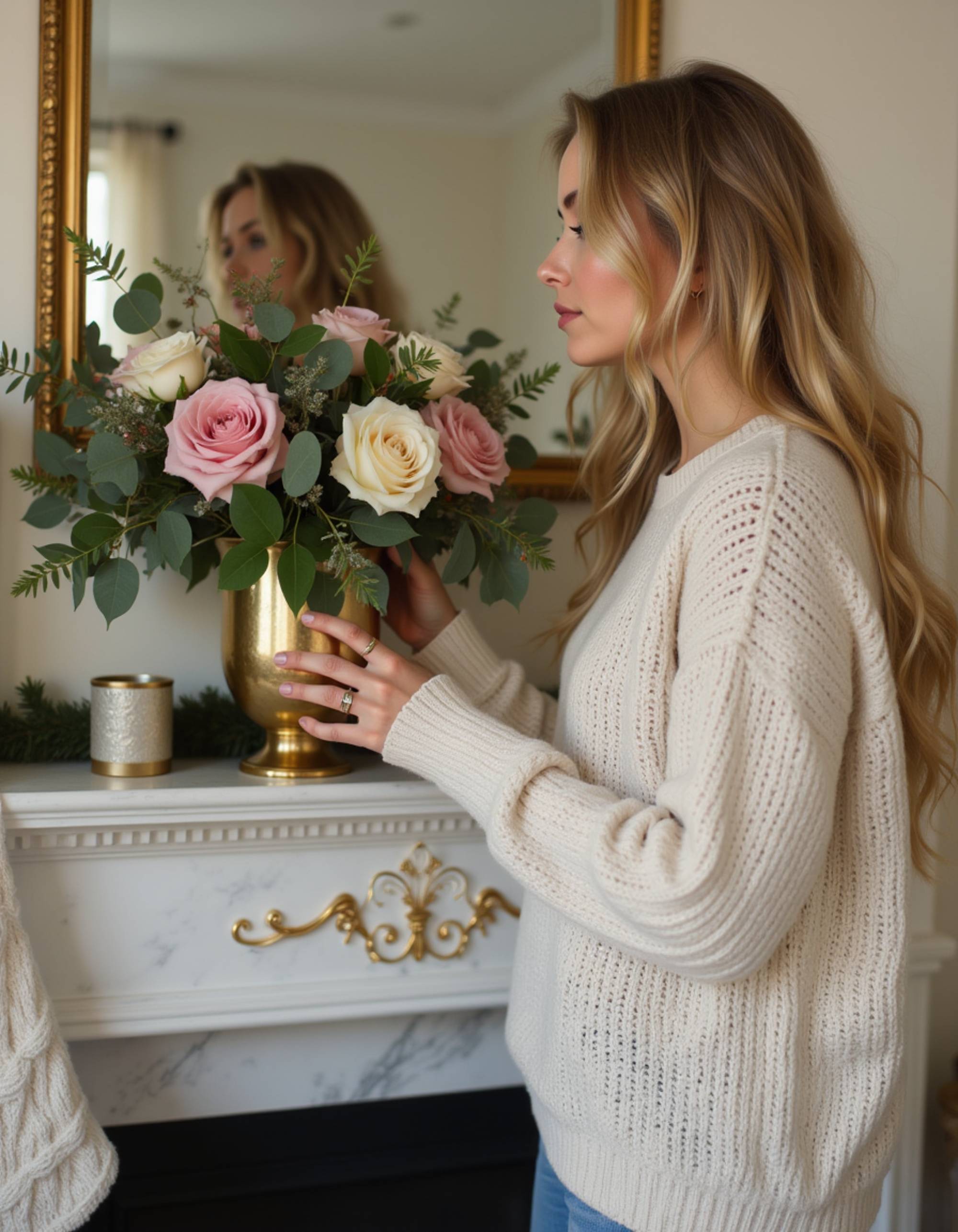 A model arranging fresh flowers and winter greenery in a brass vase on a marble mantelpiece, wearing an elegant cream sweater and gold jewelry, with Christmas stockings hung below, mirror reflecting twinkling lights, and an upscale holiday home decorating scene