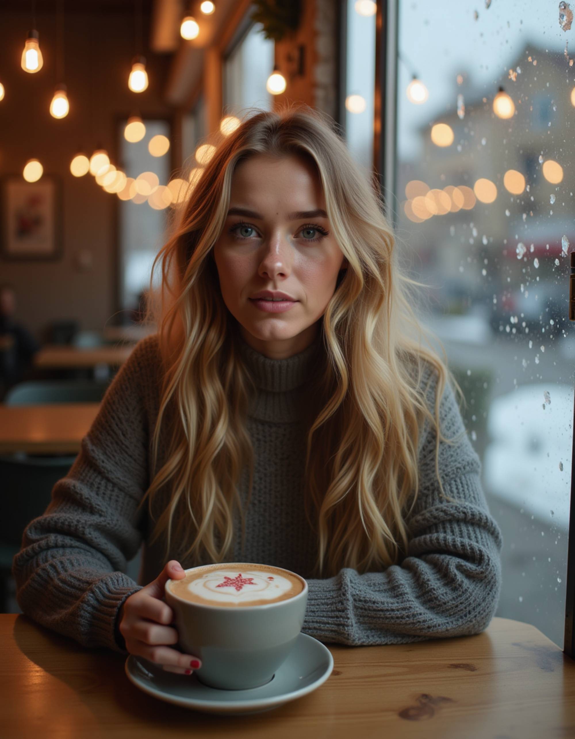 A model sitting at a cafe window table with holiday decorations visible outside, wearing a turtleneck and holding a peppermint latte with latte art, with snowflakes sticking to the window, string lights reflecting in the glass, and a cozy urban Christmas coffee shop atmosphere