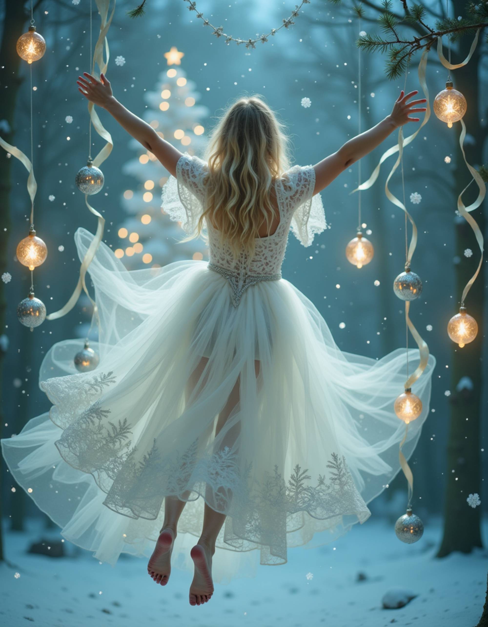A model floating in a dreamy scene surrounded by levitating vintage ornaments and crystalline snowflakes, wearing an ethereal white gown with silver embroidery, with luminous ribbons swirling through the air, a glowing Christmas tree dissolving into particles of light, and a surreal magical holiday fantasy atmosphere