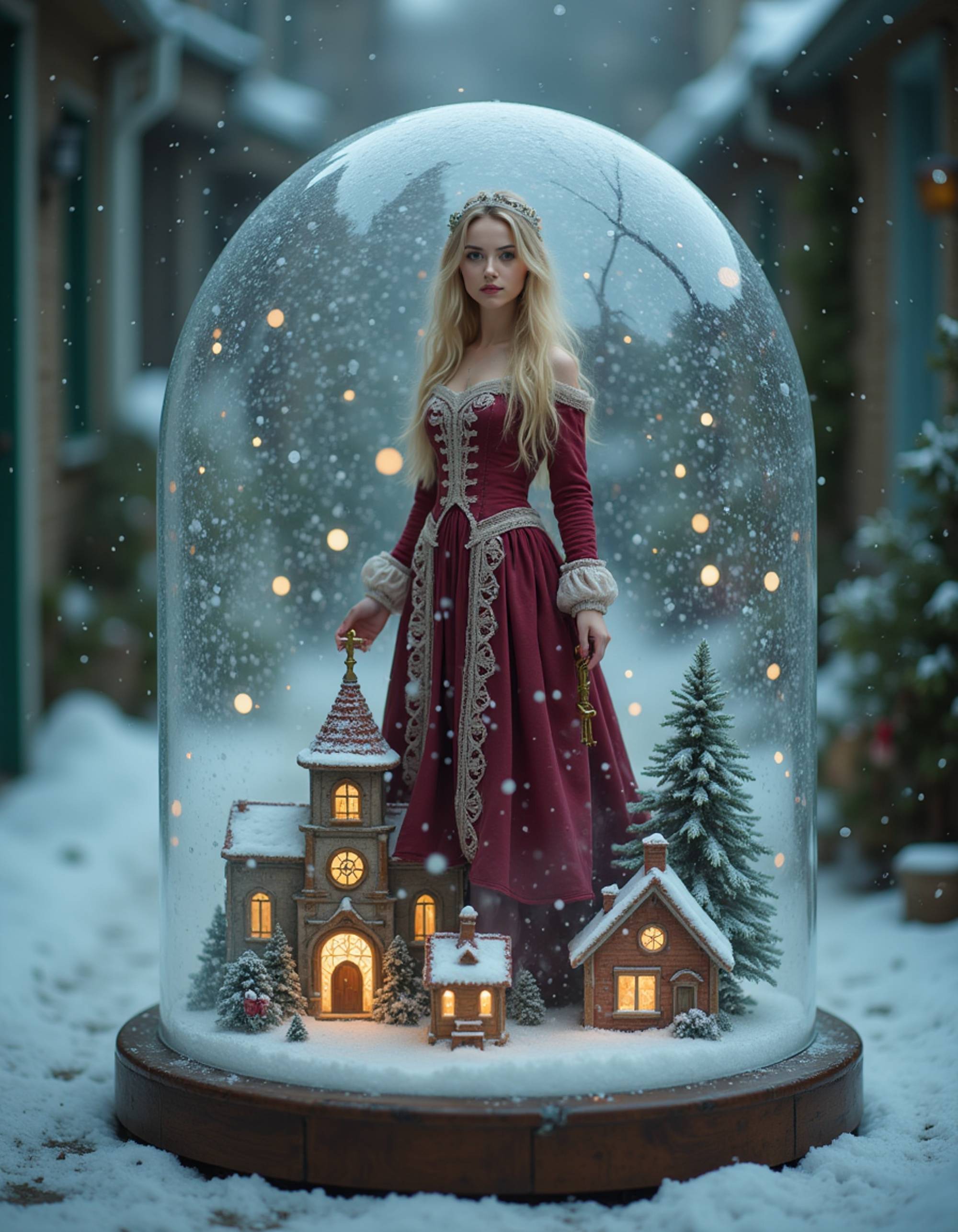 A model standing inside a giant snow globe being filled with swirling artificial snow, wearing a Victorian-era burgundy dress with lace details, holding an antique brass key, with miniature decorated houses and a tiny illuminated church at their feet, and a whimsical trapped-in-time Christmas scene