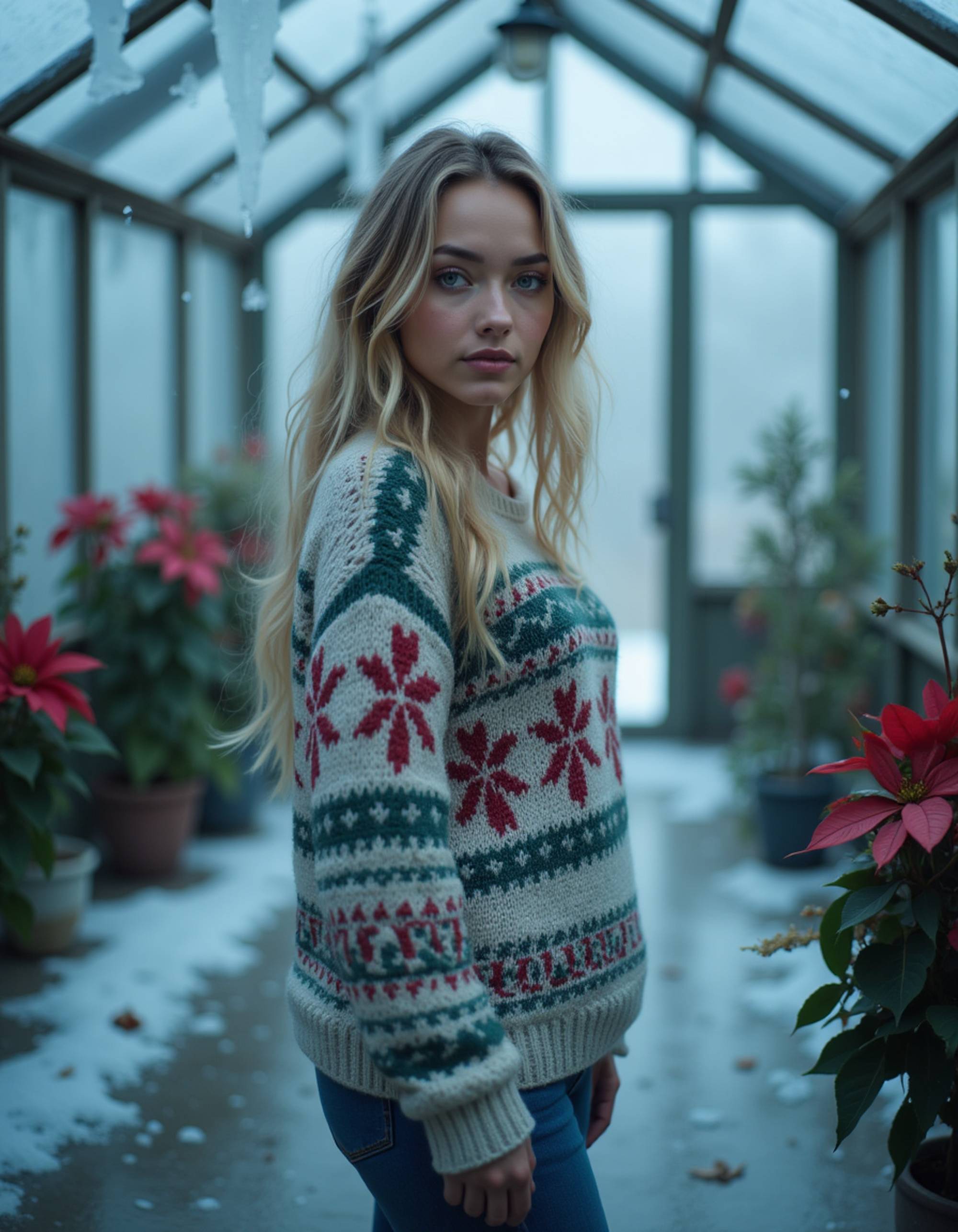 A model posed in a greenhouse overtaken by winter, where icicles hang from glass panels and frost creeps across windows, wearing a deconstructed holiday sweater with exposed stitching, surrounded by frozen poinsettias encased in ice, with cold blue moonlight streaming through and an eerie beautiful frozen garden atmosphere