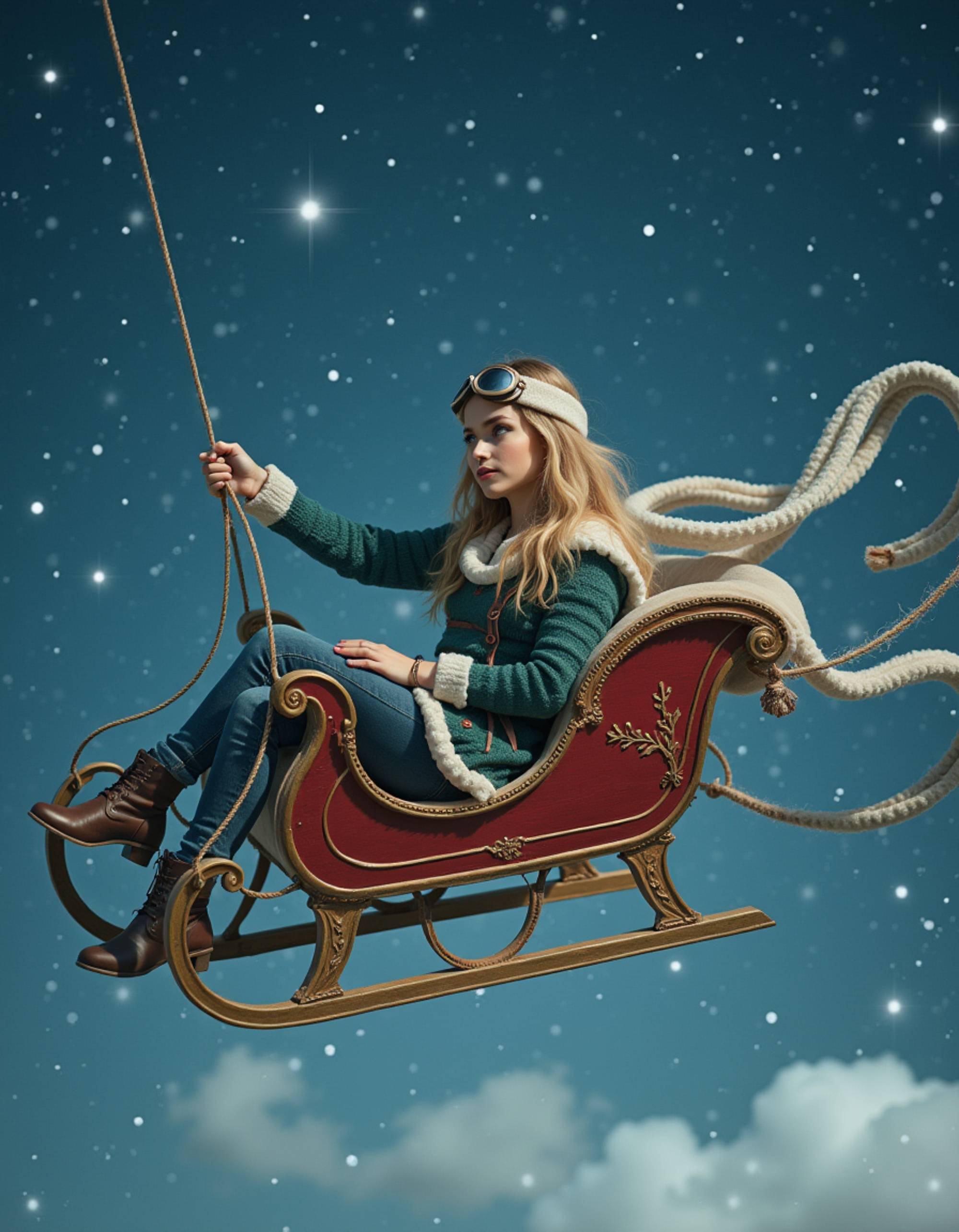 A model sitting in an antique sleigh suspended in mid-air against a starlit sky, wearing layers of flowing scarves and vintage aviator goggles, with celestial ornaments and constellations forming Christmas patterns, trailing ribbons of aurora borealis, and a fantastical flying through the winter cosmos scene
