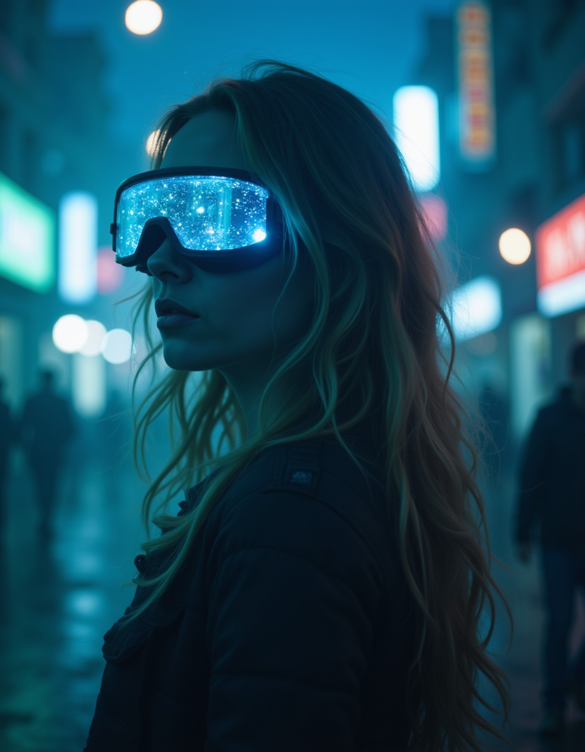 model as a Cyberpunk hacker with neon-lit goggles and holographic interface, dark urban atmosphere, volumetric fog, dramatic rim lighting, blade runner aesthetic