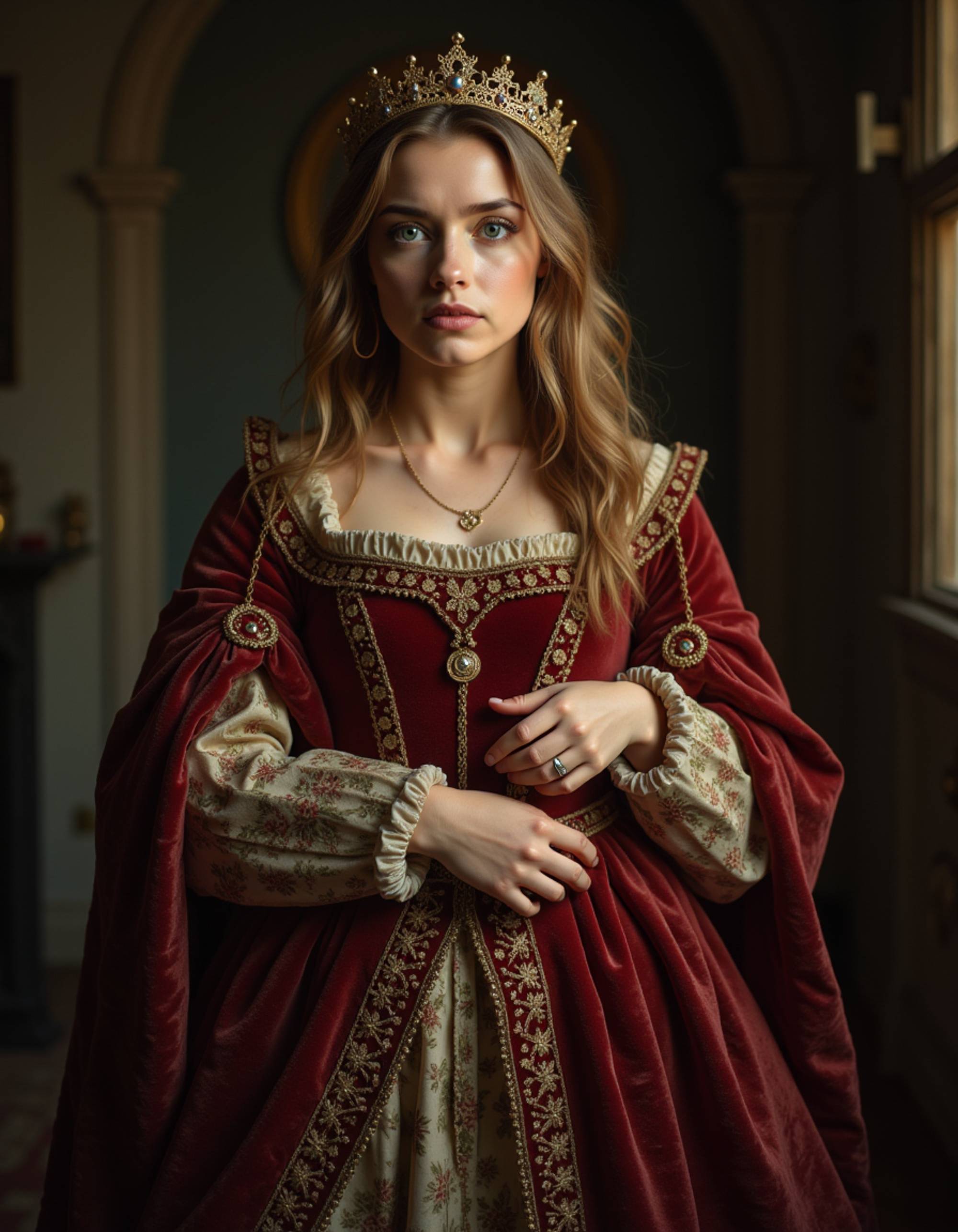 model as Renaissance noble in ornate velvet robes and golden crown, oil painting style, chiaroscuro lighting, art by Caravaggio and Rembrandt
