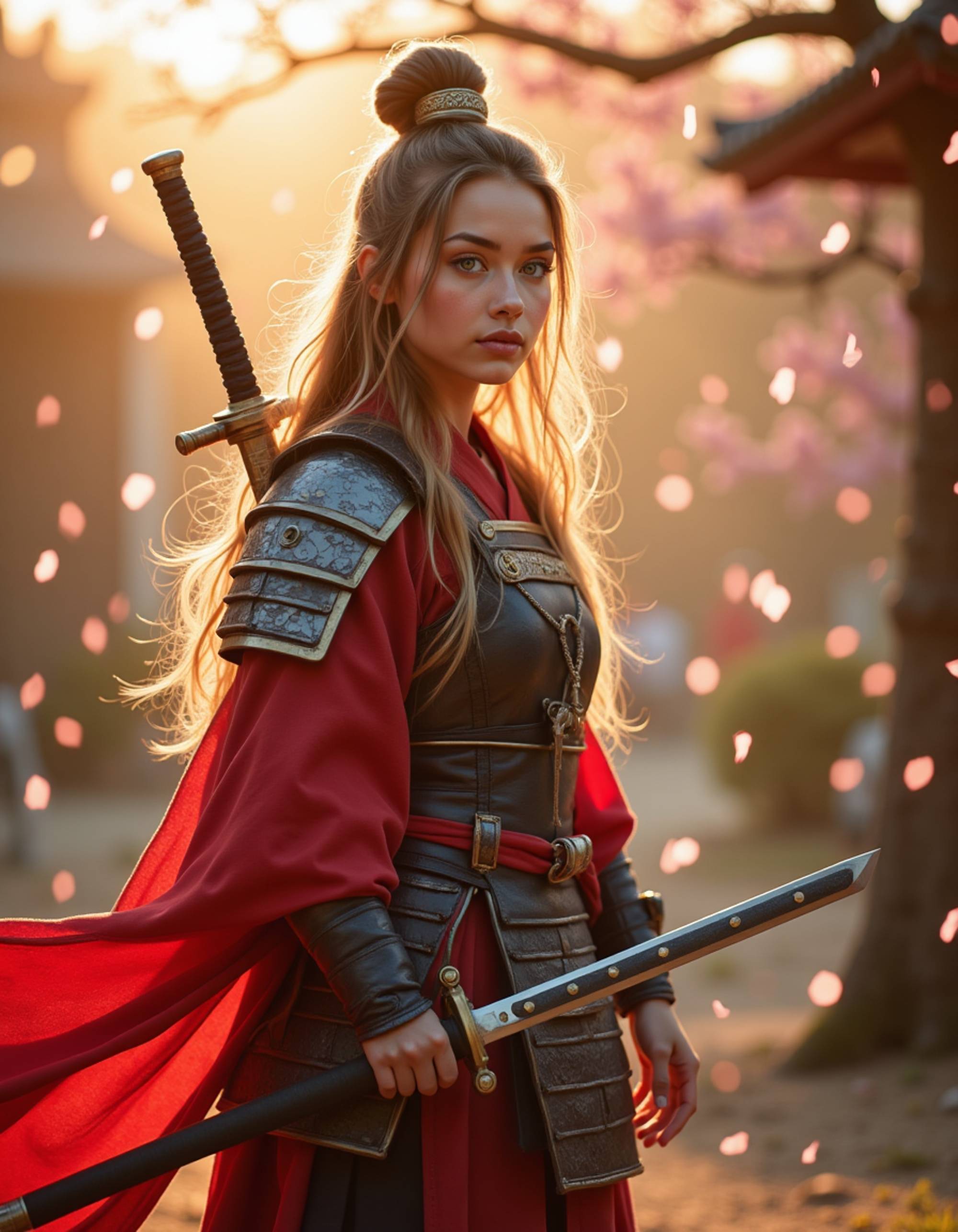 model as Samurai warrior in traditional armor with katana, cherry blossom petals falling, cinematic composition, golden hour lighting, hyper detailed, octane render