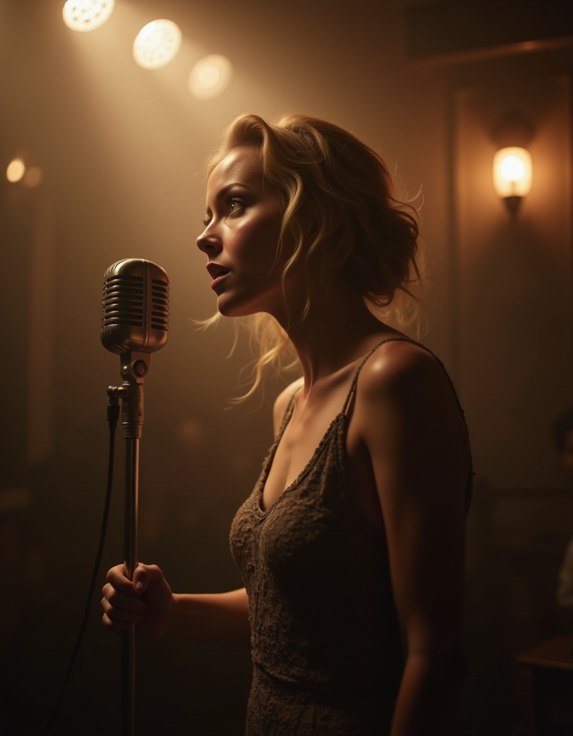 Ultra realistic photograph of model as 1920s Jazz singer in Art Deco club, vintage microphone, smoky atmosphere, film noir lighting, sepia tones