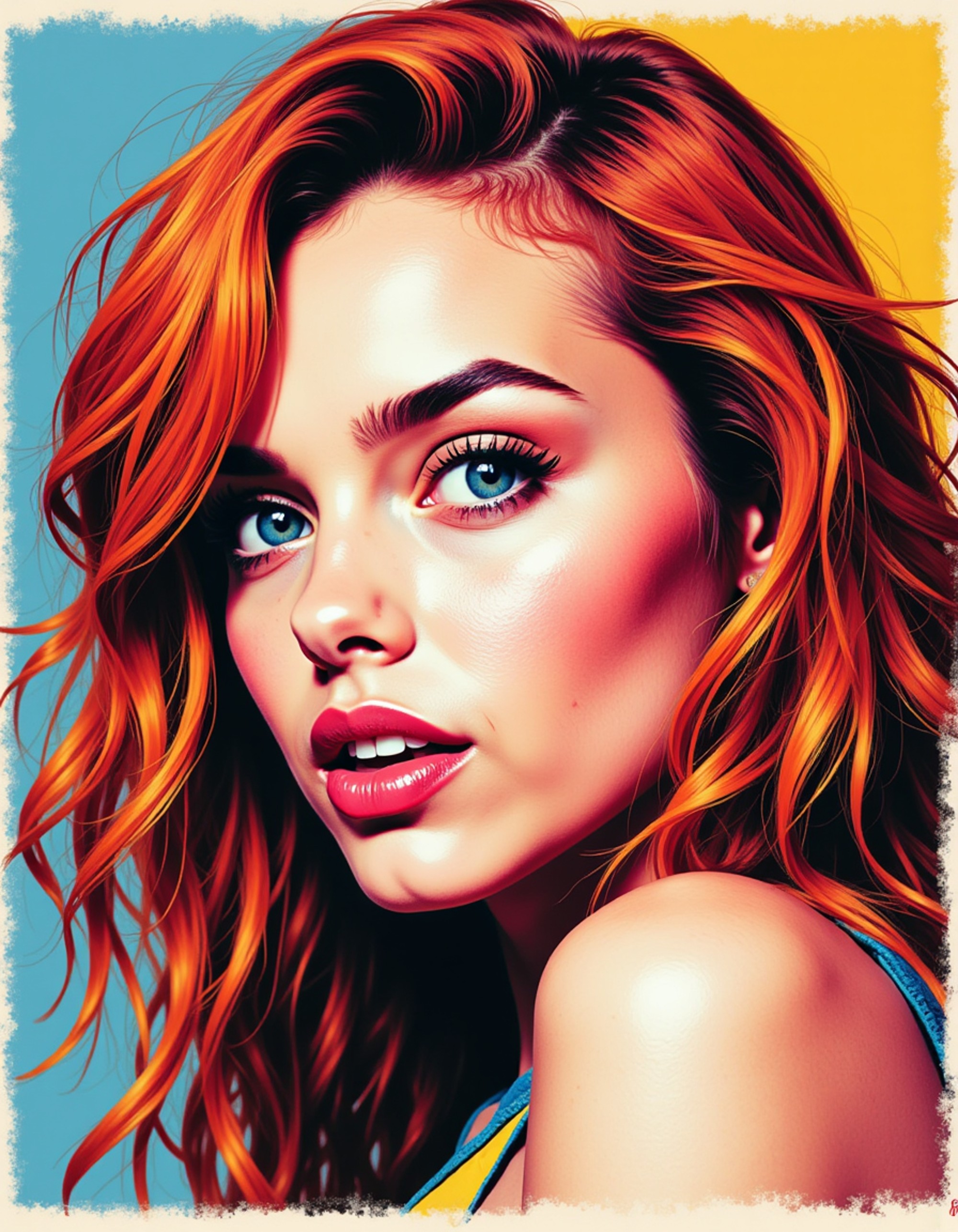 model in style of Andy Warhol pop art, bold primary colors, screen print aesthetic, multiple repeated portraits, contemporary art, trending on artstation