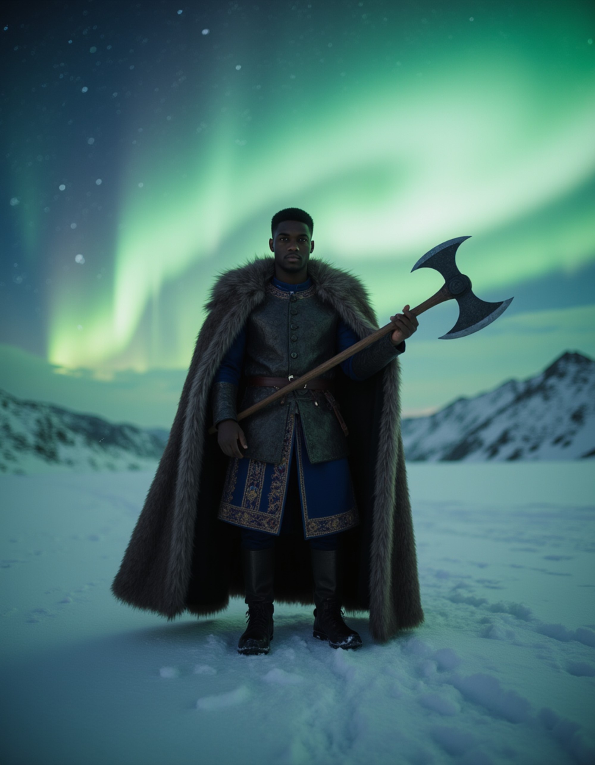 model as Viking warrior with fur cloak and battle axe, snowy landscape, northern lights in background, epic cinematic lighting, fantasy art style