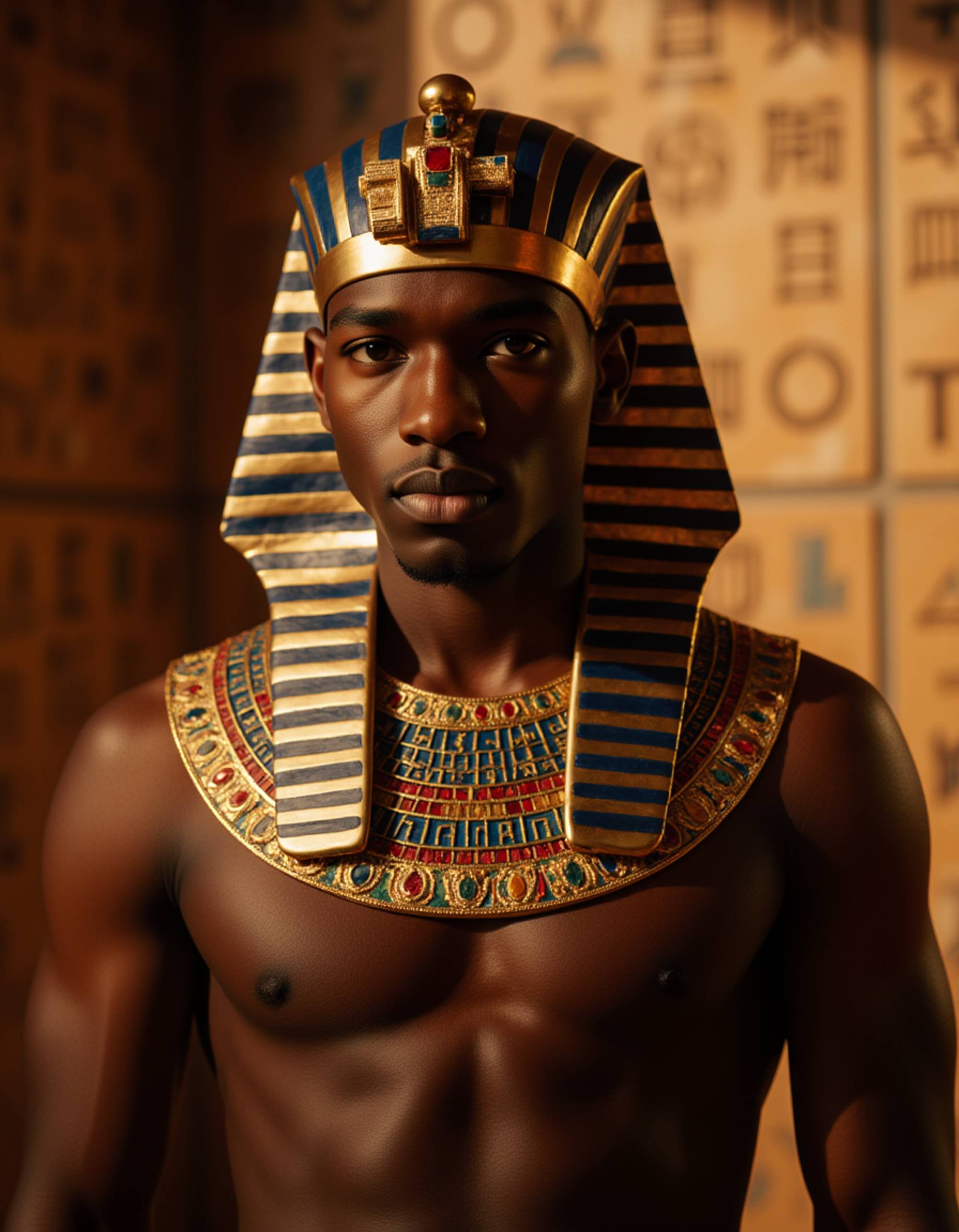model as Egyptian Pharaoh with golden headdress and ornate jewelry, hieroglyphics background, dramatic side lighting, ancient civilization aesthetic, hyper detailed