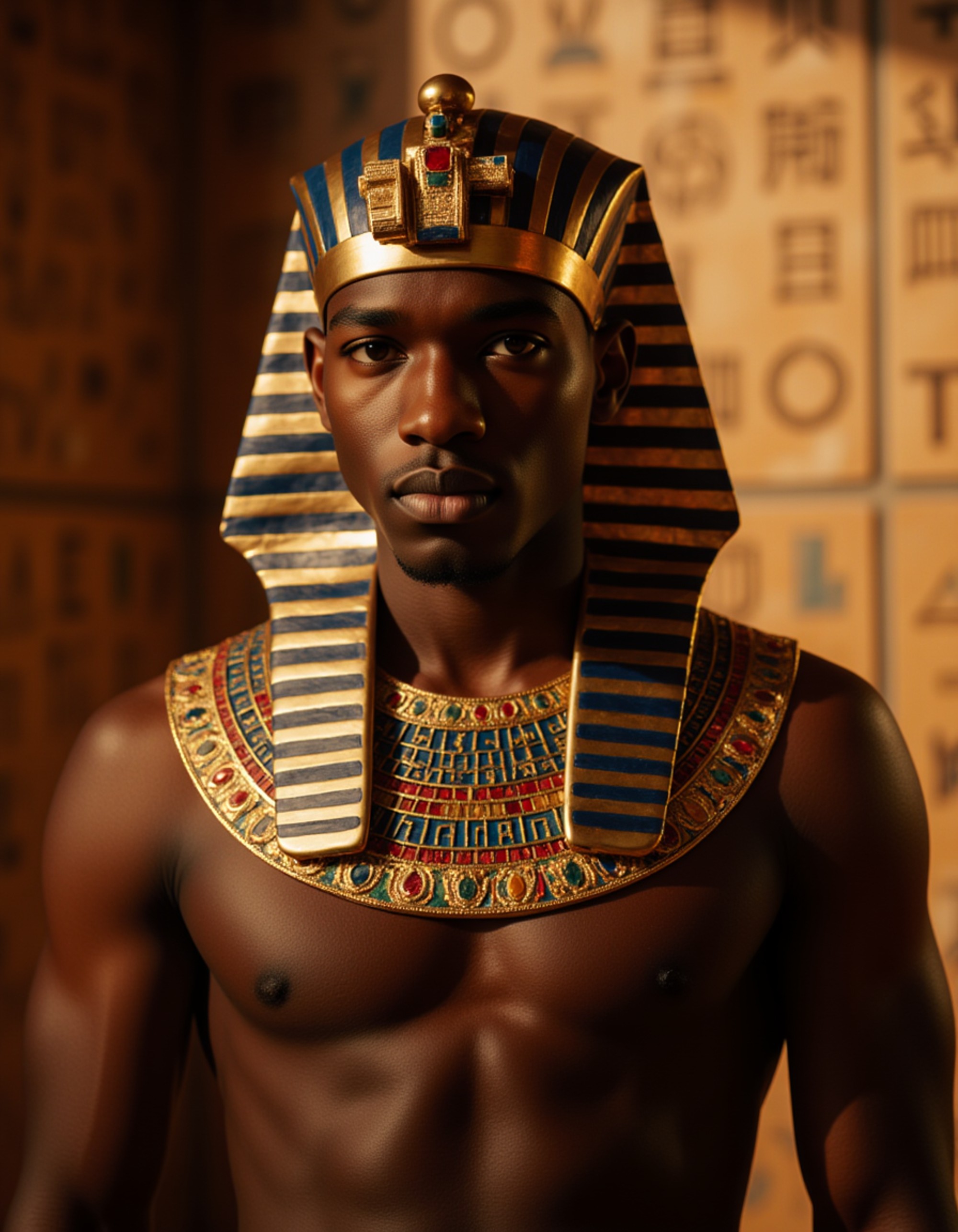 model as Egyptian Pharaoh with golden headdress and ornate jewelry, hieroglyphics background, dramatic side lighting, ancient civilization aesthetic, hyper detailed