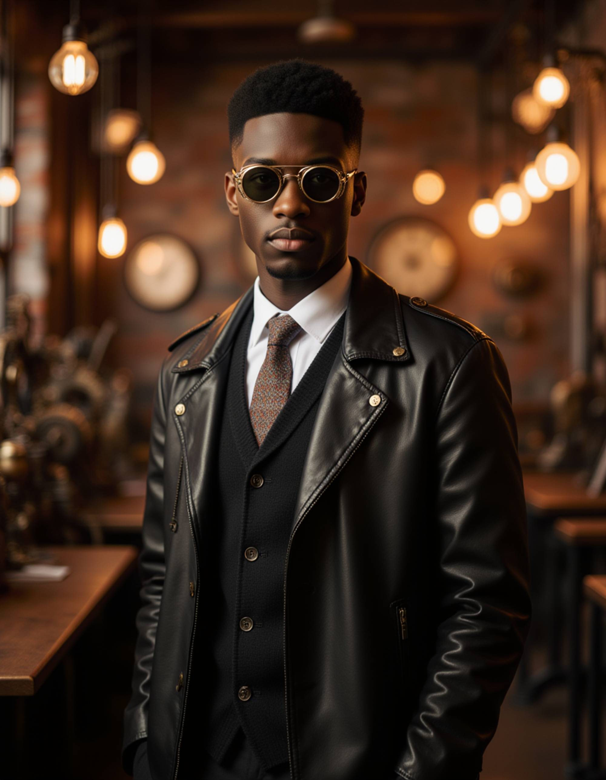 model as Steampunk inventor with brass goggles and leather coat, surrounded by mechanical gears and clockwork, warm edison bulb lighting, victorian industrial style