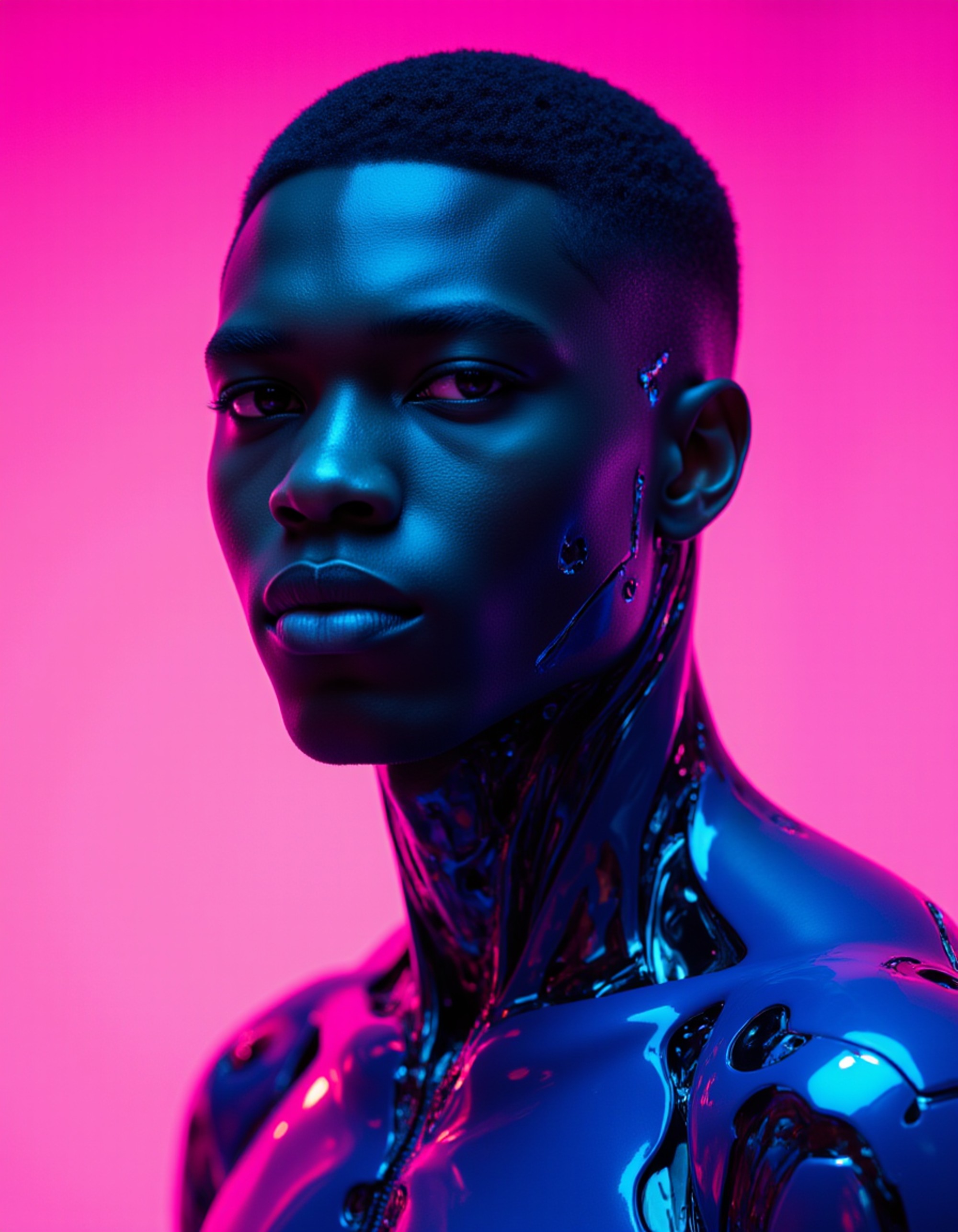 duotone neon concept art of model as cybernetic android, half human half machine, electric blue and magenta color scheme, sci-fi, by Syd Mead and Simon Stalenhag, octane render