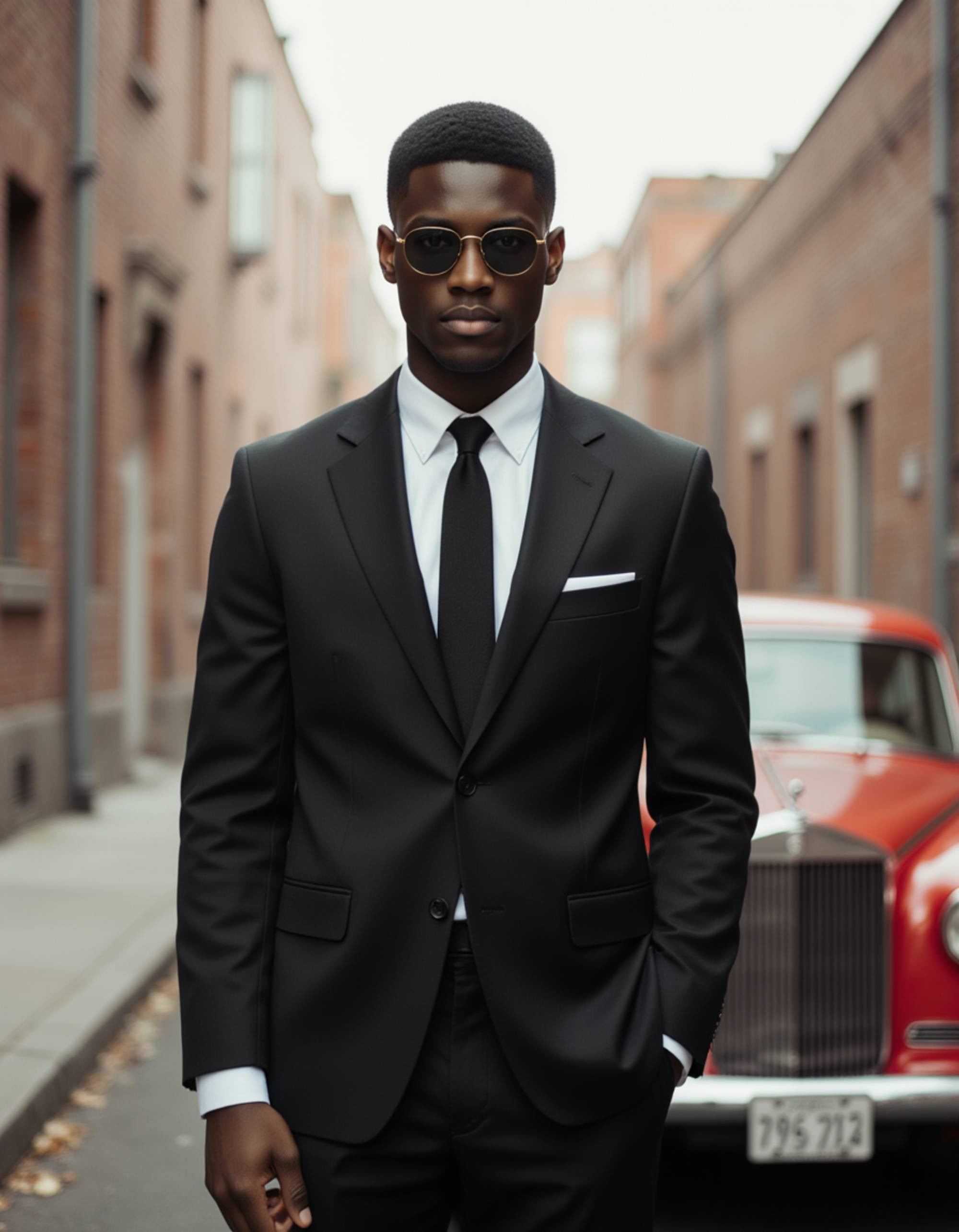 Ultra realistic photograph of model as 1960s Spy in tailored suit and sunglasses, vintage car in background, cold war aesthetic, cinematic composition, film grain texture
