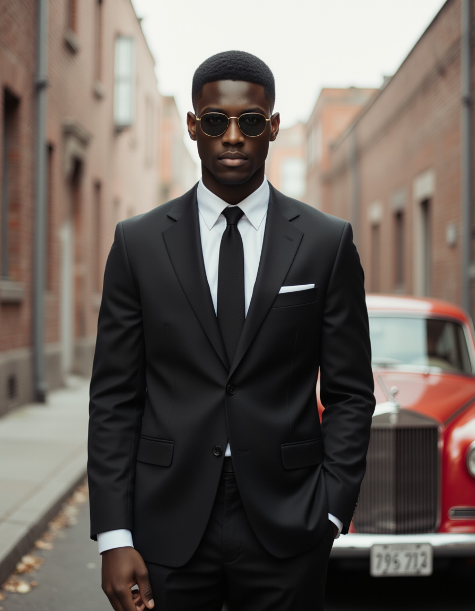 Ultra realistic photograph of model as 1960s Spy in tailored suit and sunglasses, vintage car in background, cold war aesthetic, cinematic composition, film grain texture