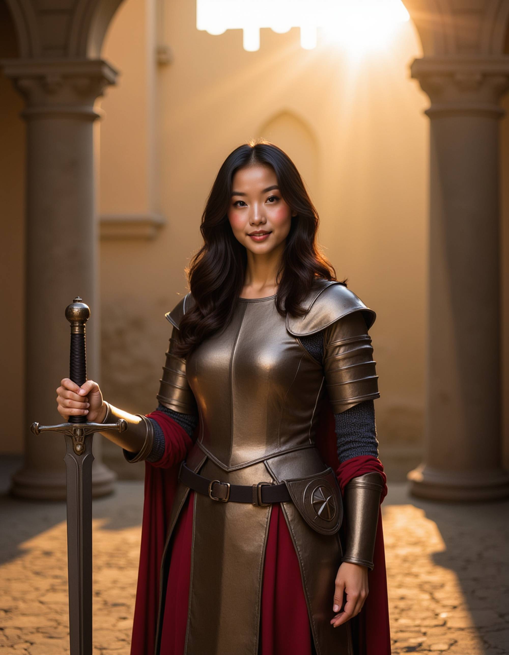 model as Medieval Knight in shining armor with sword and shield, castle courtyard background, golden hour lighting, epic fantasy style, volumetric god rays