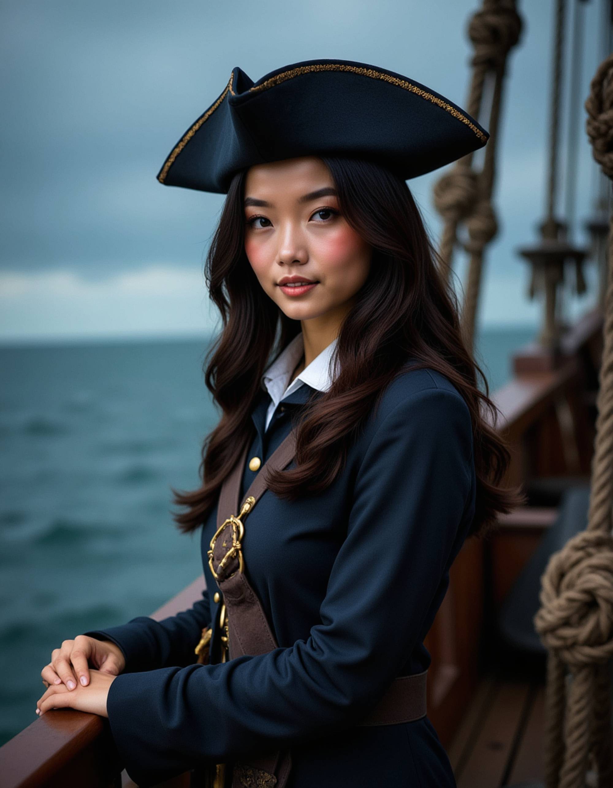 model as Pirate Captain with tricorn hat and cutlass, on ship deck during storm, dramatic waves, cinematic lightning, adventure aesthetic, highly detailed