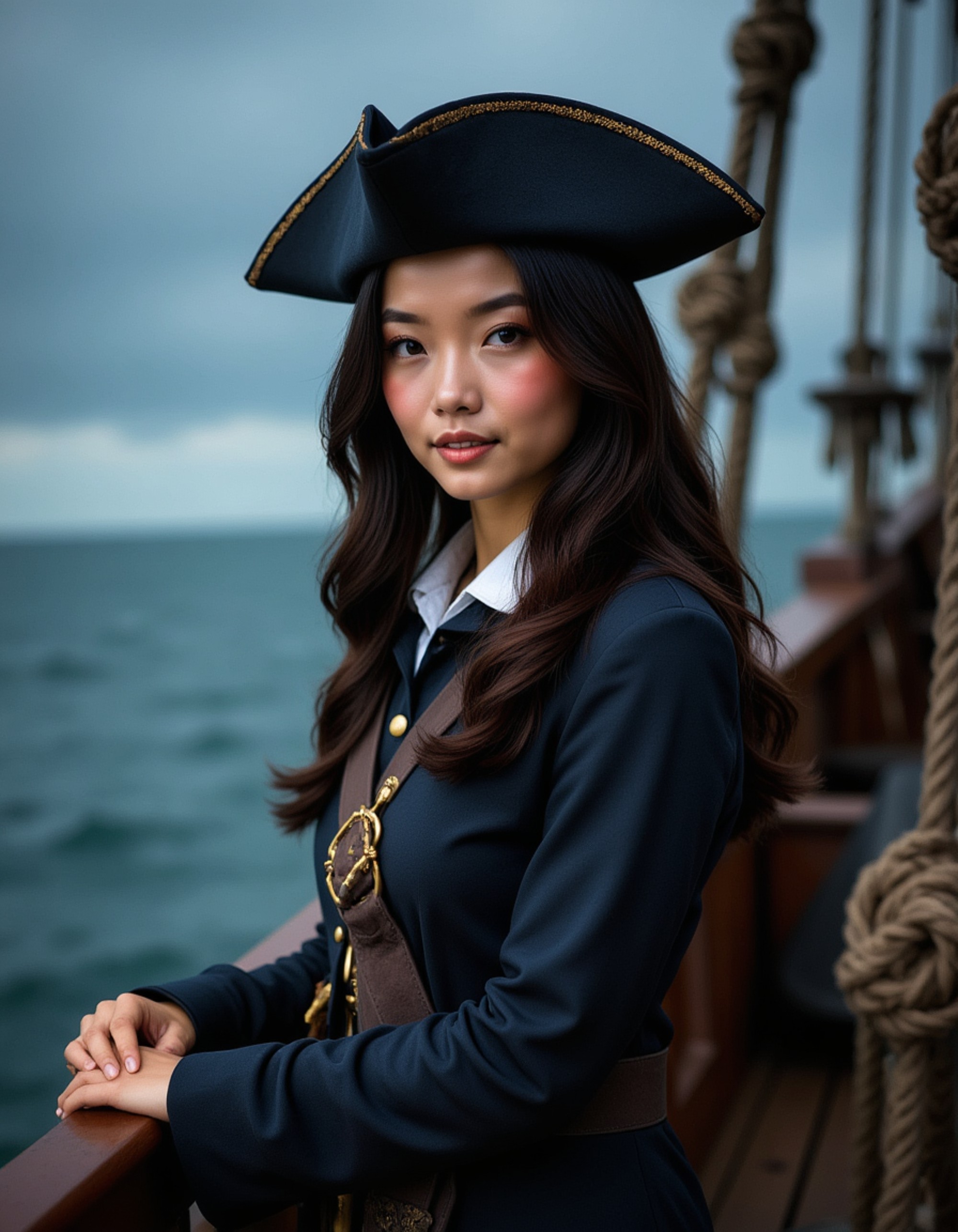 model as Pirate Captain with tricorn hat and cutlass, on ship deck during storm, dramatic waves, cinematic lightning, adventure aesthetic, highly detailed