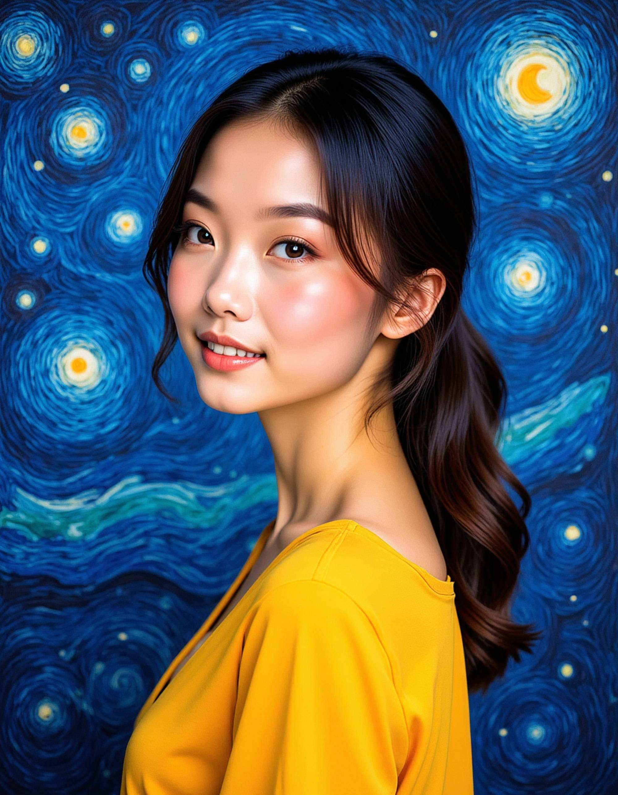 model in style of Van Gogh, swirling brushstrokes, starry night background, impressionist oil painting, vibrant blues and yellows, post-impressionism art style