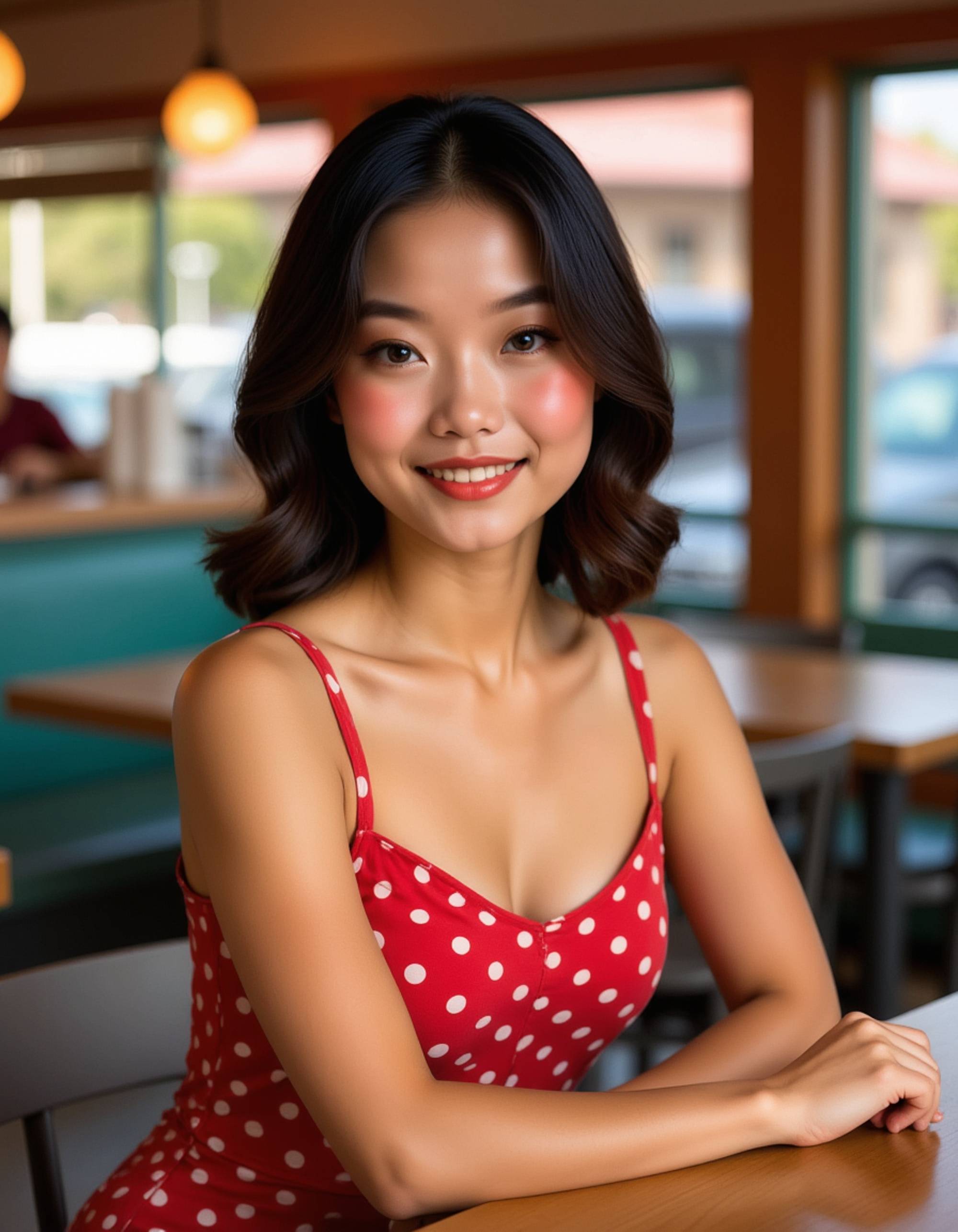 model as 1950s Pin-up model in polka dot dress, vintage diner background, retro color grading, classic Americana aesthetic, Gil Elvgren painting style