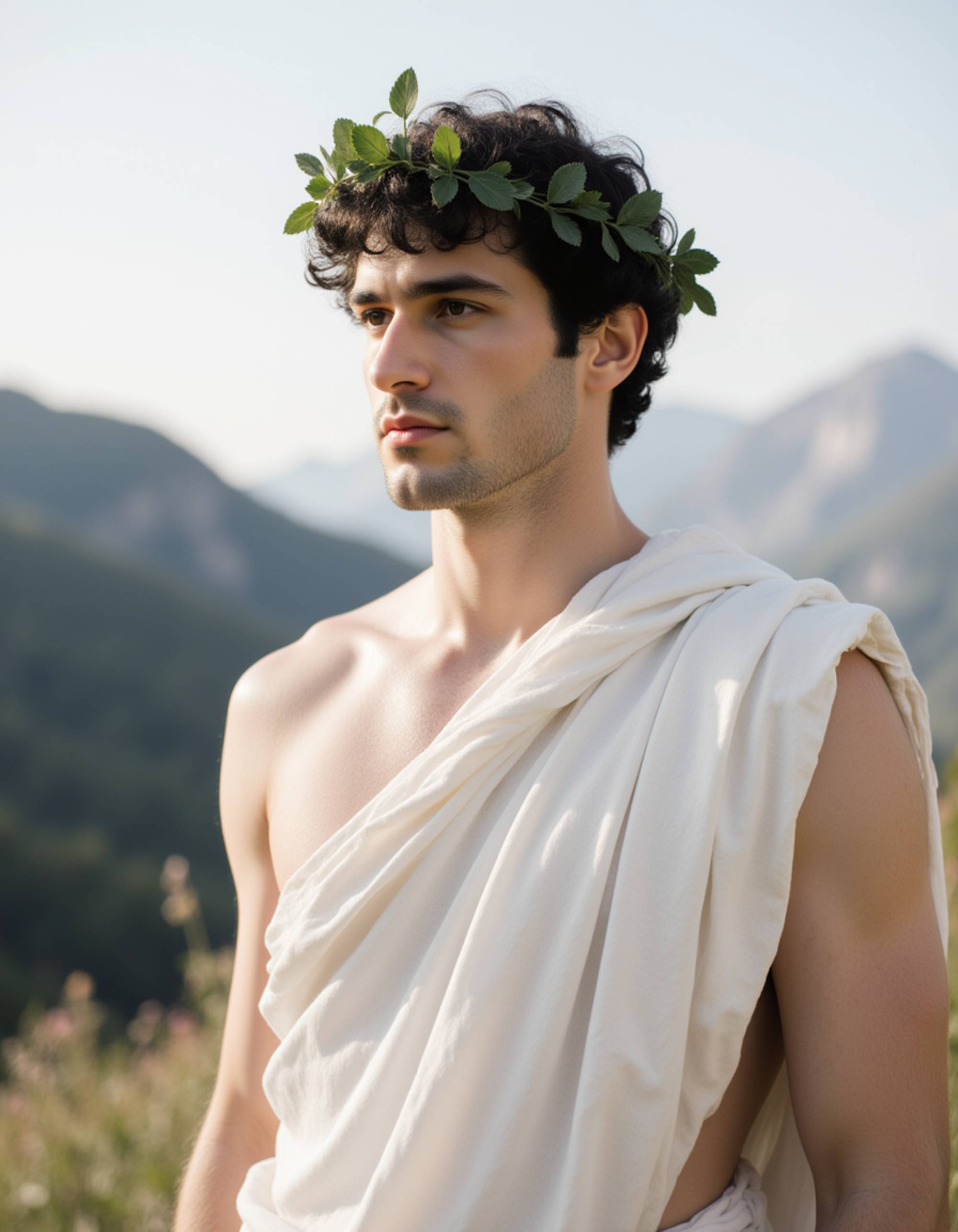 model as Ancient Greek God with flowing white robes and laurel crown, Mount Olympus background, divine ethereal lighting, marble statue aesthetic, classical mythology art