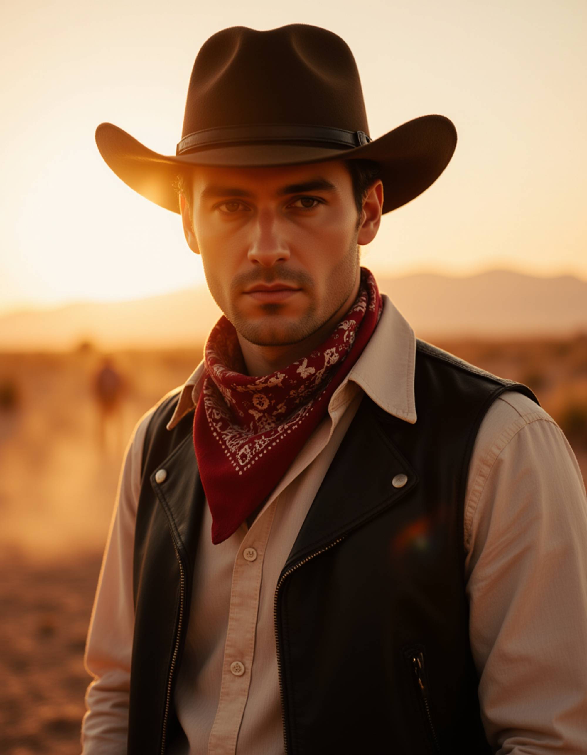 model as Wild West Cowboy with leather hat and bandana, desert sunset backdrop, dusty atmosphere, cinematic western style, Sergio Leone inspired composition