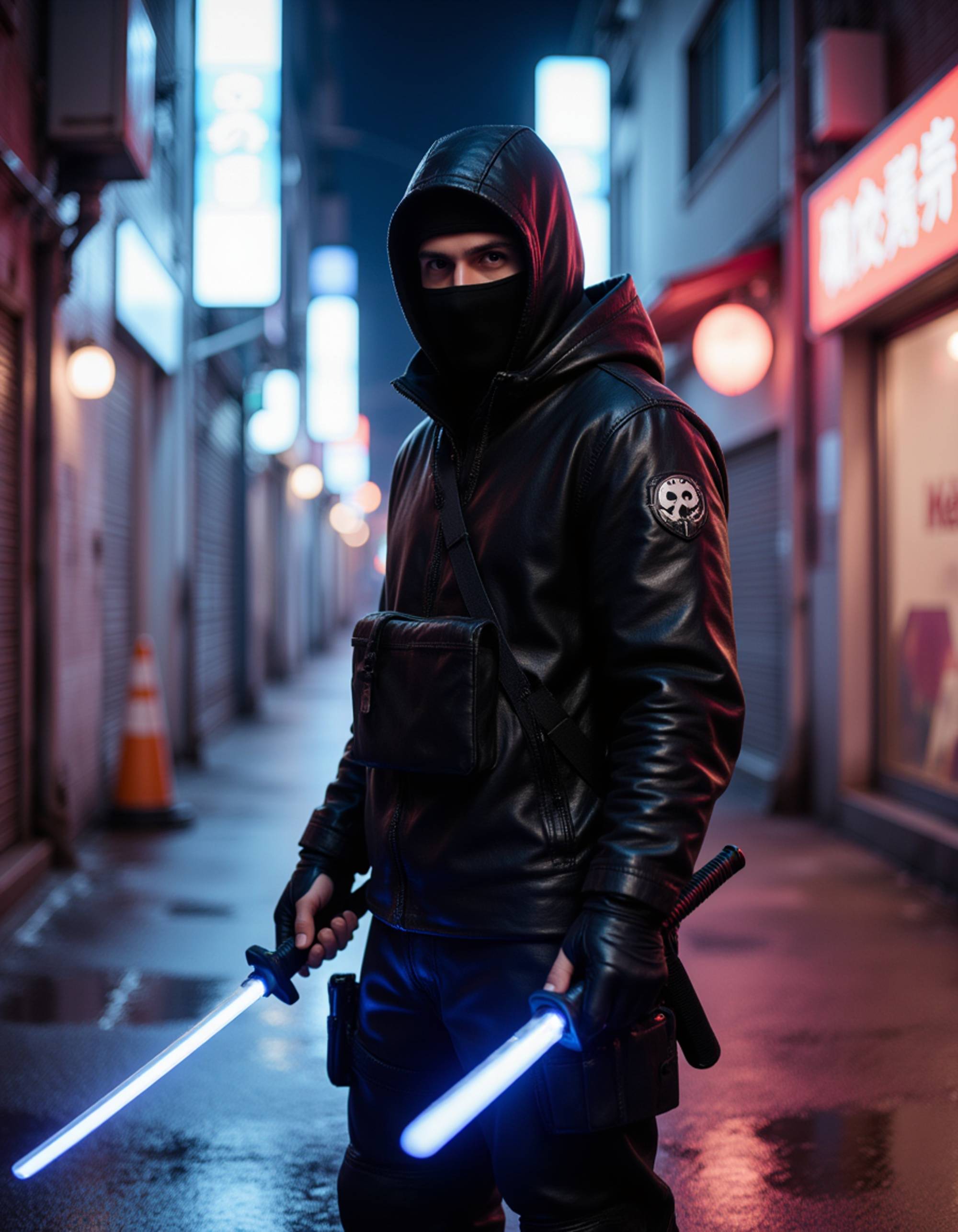 model as Cybernetic Ninja in tactical gear with glowing katana, neon Tokyo street background, rain-soaked pavement reflections, blade runner meets ghost in the shell aesthetic, octane render