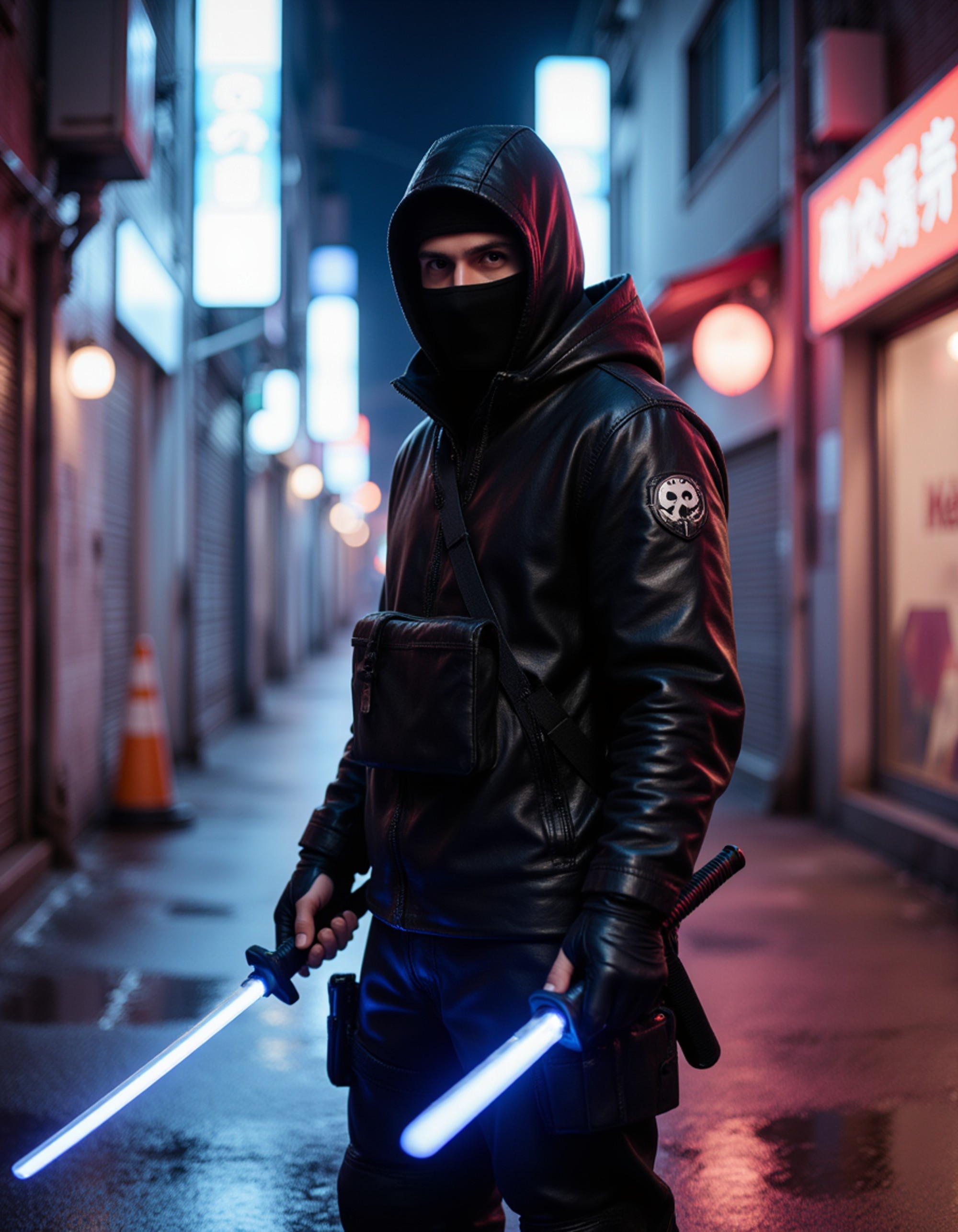 model as Cybernetic Ninja in tactical gear with glowing katana, neon Tokyo street background, rain-soaked pavement reflections, blade runner meets ghost in the shell aesthetic, octane render