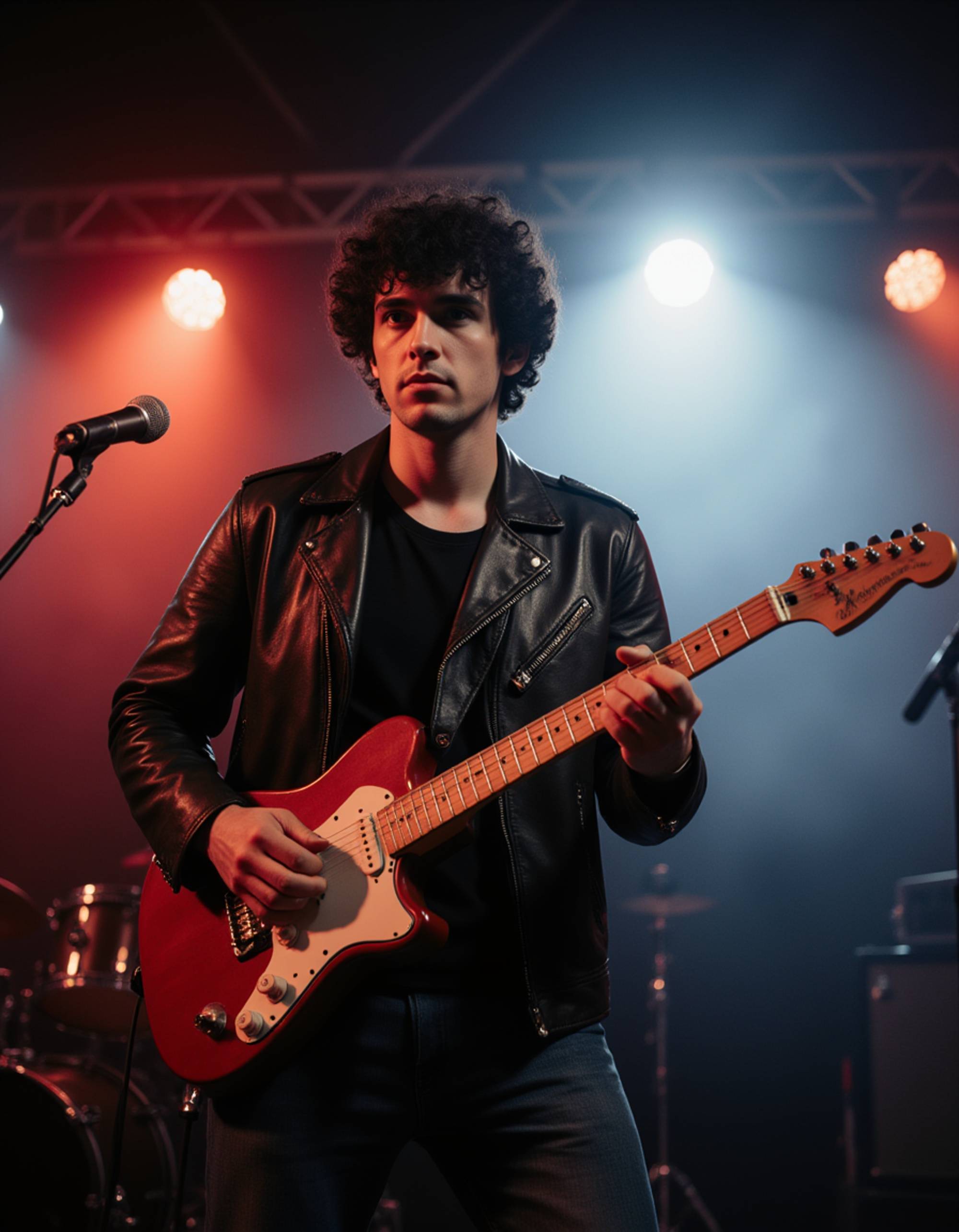 Ultra realistic photograph of model as 1980s Rockstar with leather jacket and electric guitar, concert stage with spotlight, smoke and dramatic backlighting, vintage film grain