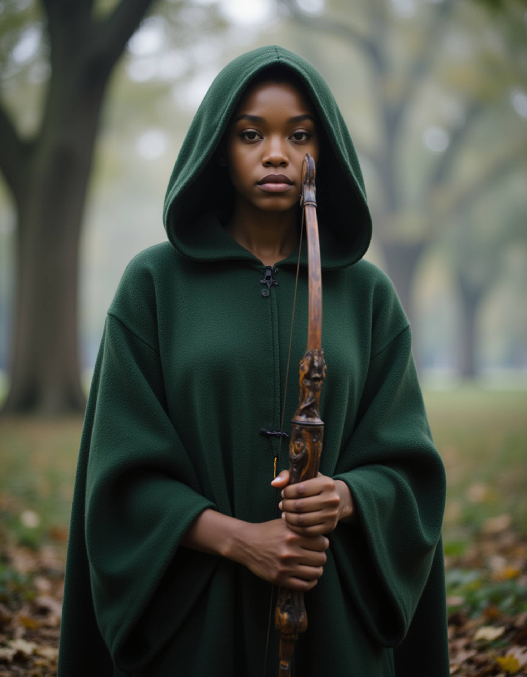 model as Elven Archer in forest green cloak with ornate bow, enchanted woodland background, mystical fog, fantasy art style, by Alan Lee and Brian Froud, ethereal lighting