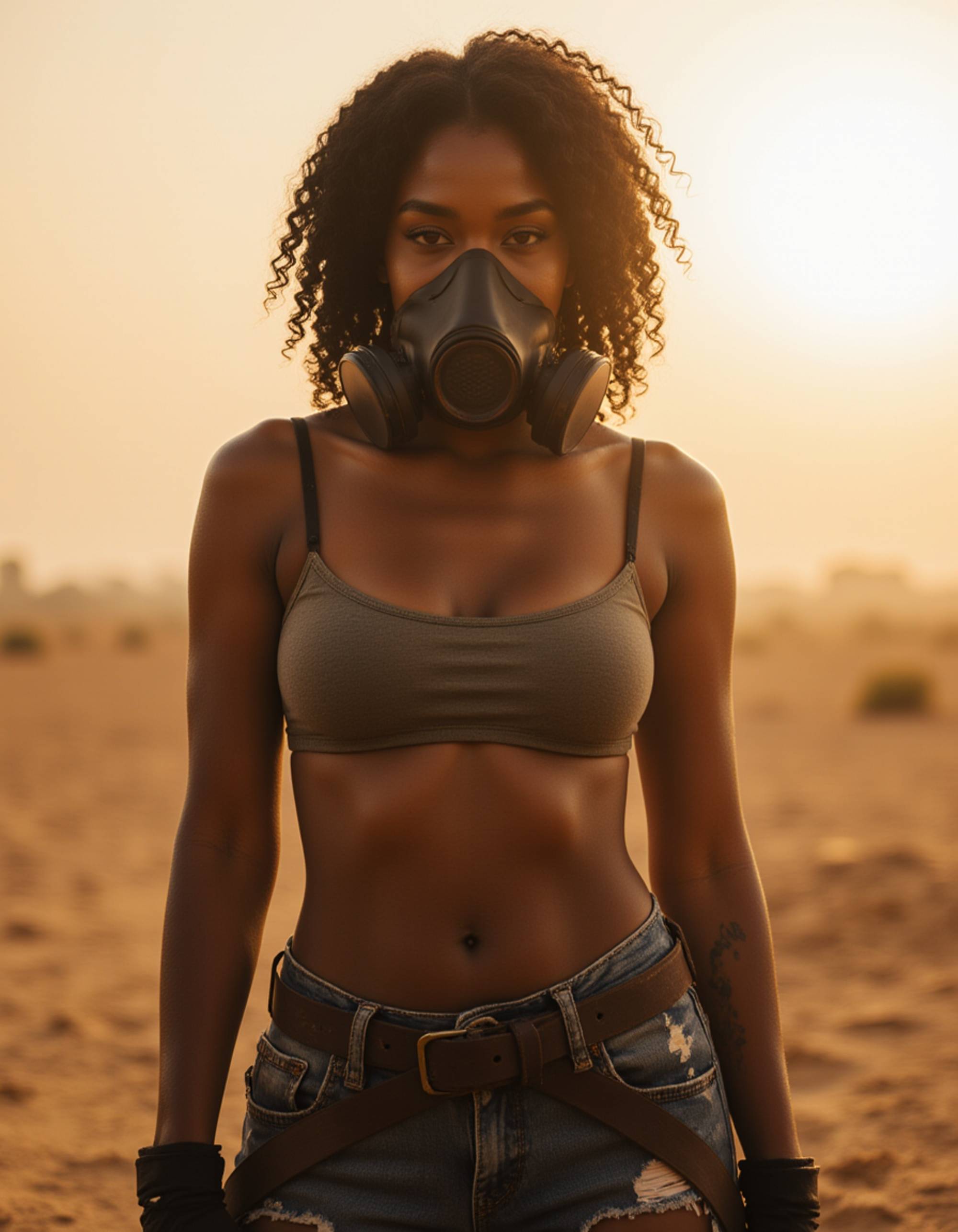 model as Apocalyptic Survivor with tattered clothing and gas mask, post-apocalyptic wasteland, dramatic dust storm, gritty realistic style, Mad Max aesthetic, desaturated color palette