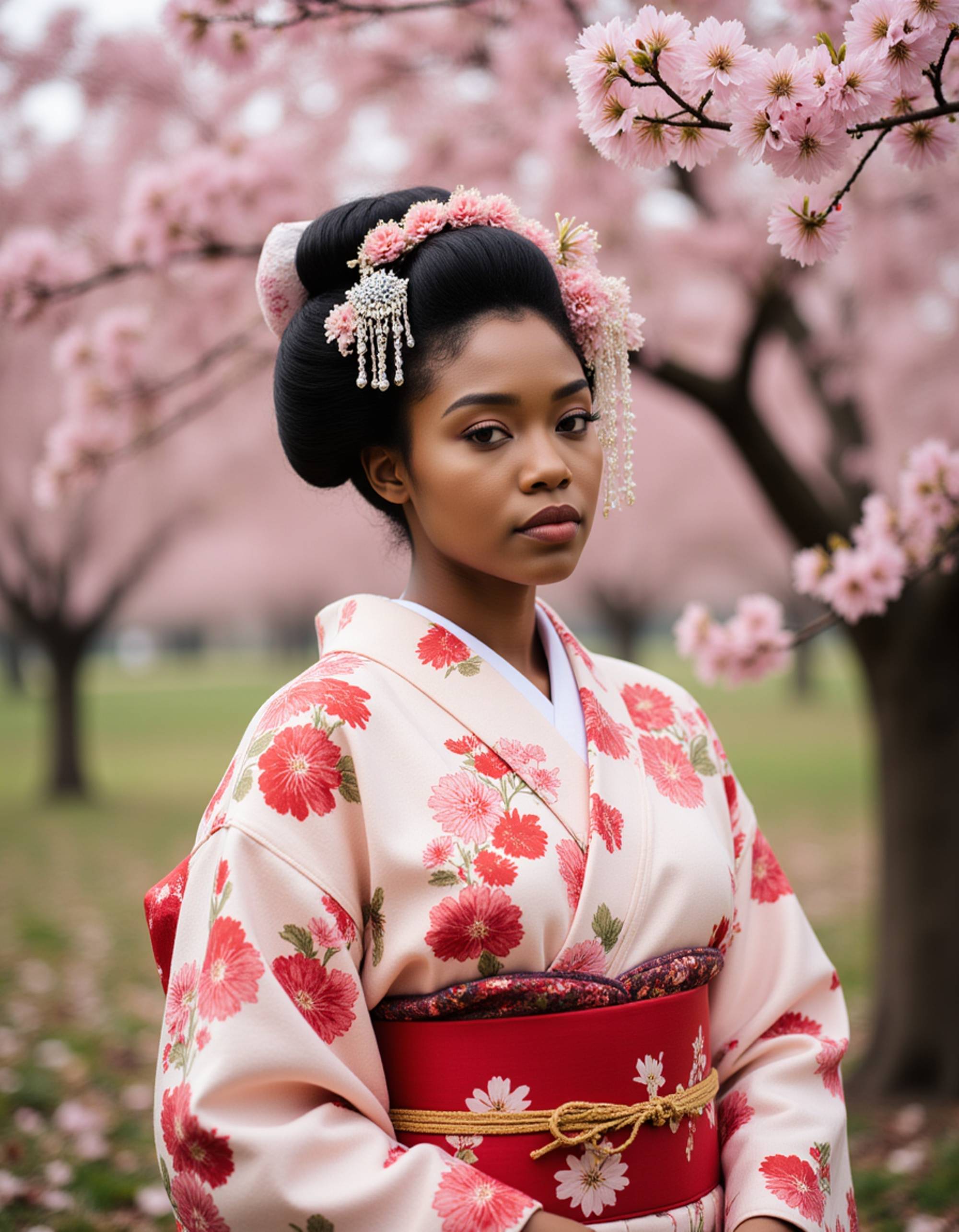 model as Japanese Geisha in traditional kimono with elaborate hair ornaments, cherry blossom garden, soft diffused lighting, ukiyo-e woodblock print influence, elegant composition