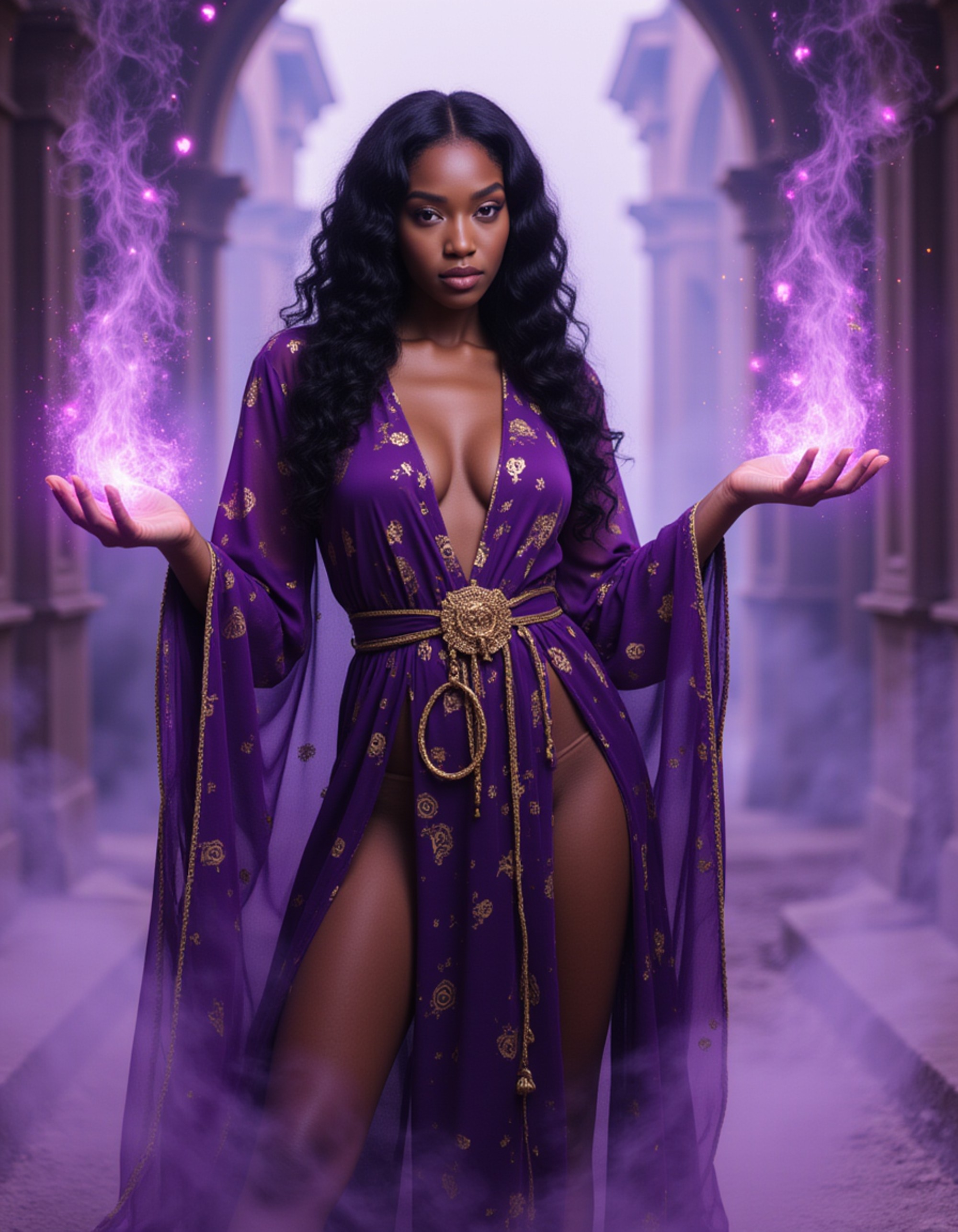 duotone purple and gold concept art of model as Mystical Sorcerer casting spells, magical runes floating, dimensional rift background, by Karla Ortiz and Daarken, fantasy illustration, trending on artstation