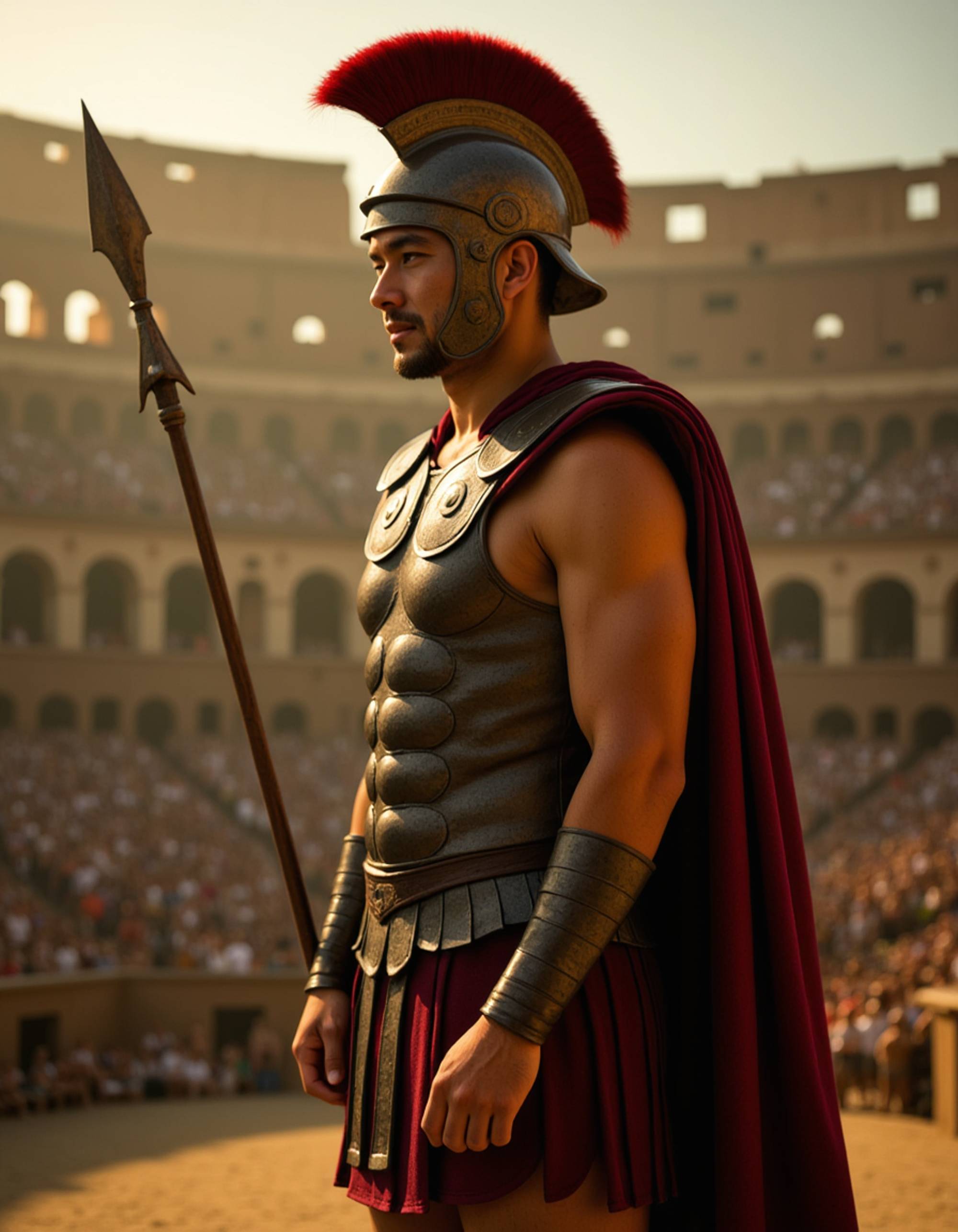 model as Roman Gladiator in battle armor with helmet and spear, Colosseum arena background, dramatic spotlight from above, ancient Rome aesthetic, epic cinematic composition