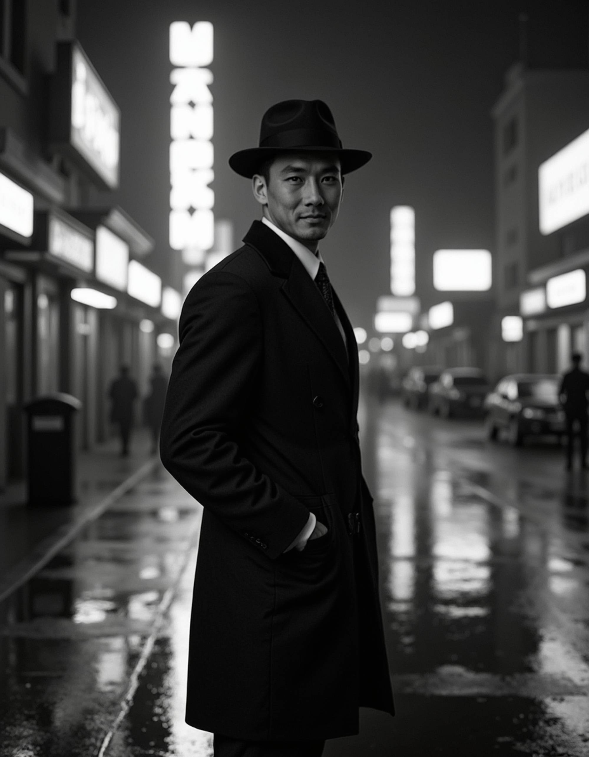 model as 1940s Film Noir Detective in trench coat and fedora, rainy city street at night, neon signs reflecting in puddles, high contrast black and white, classic Hollywood style