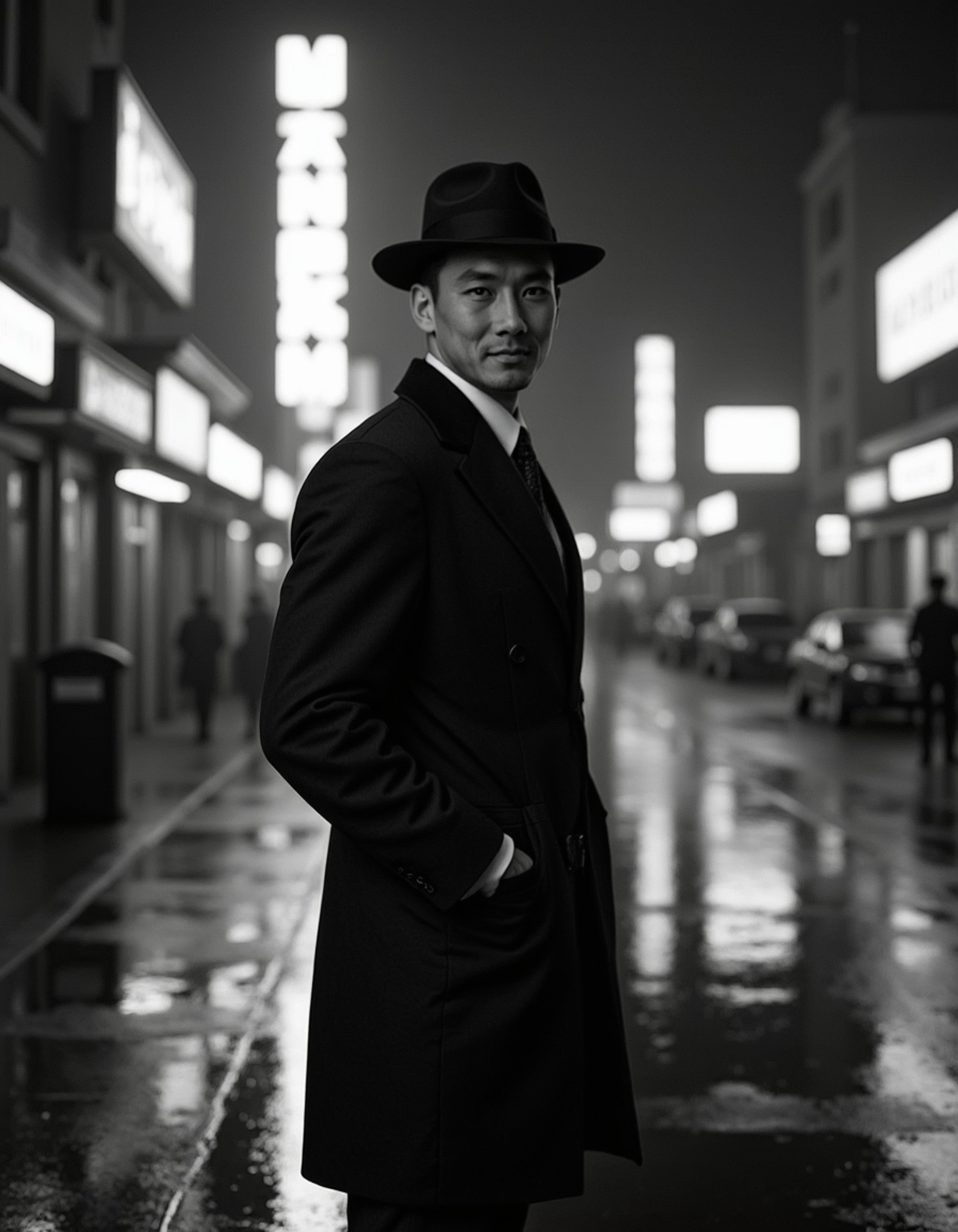 model as 1940s Film Noir Detective in trench coat and fedora, rainy city street at night, neon signs reflecting in puddles, high contrast black and white, classic Hollywood style