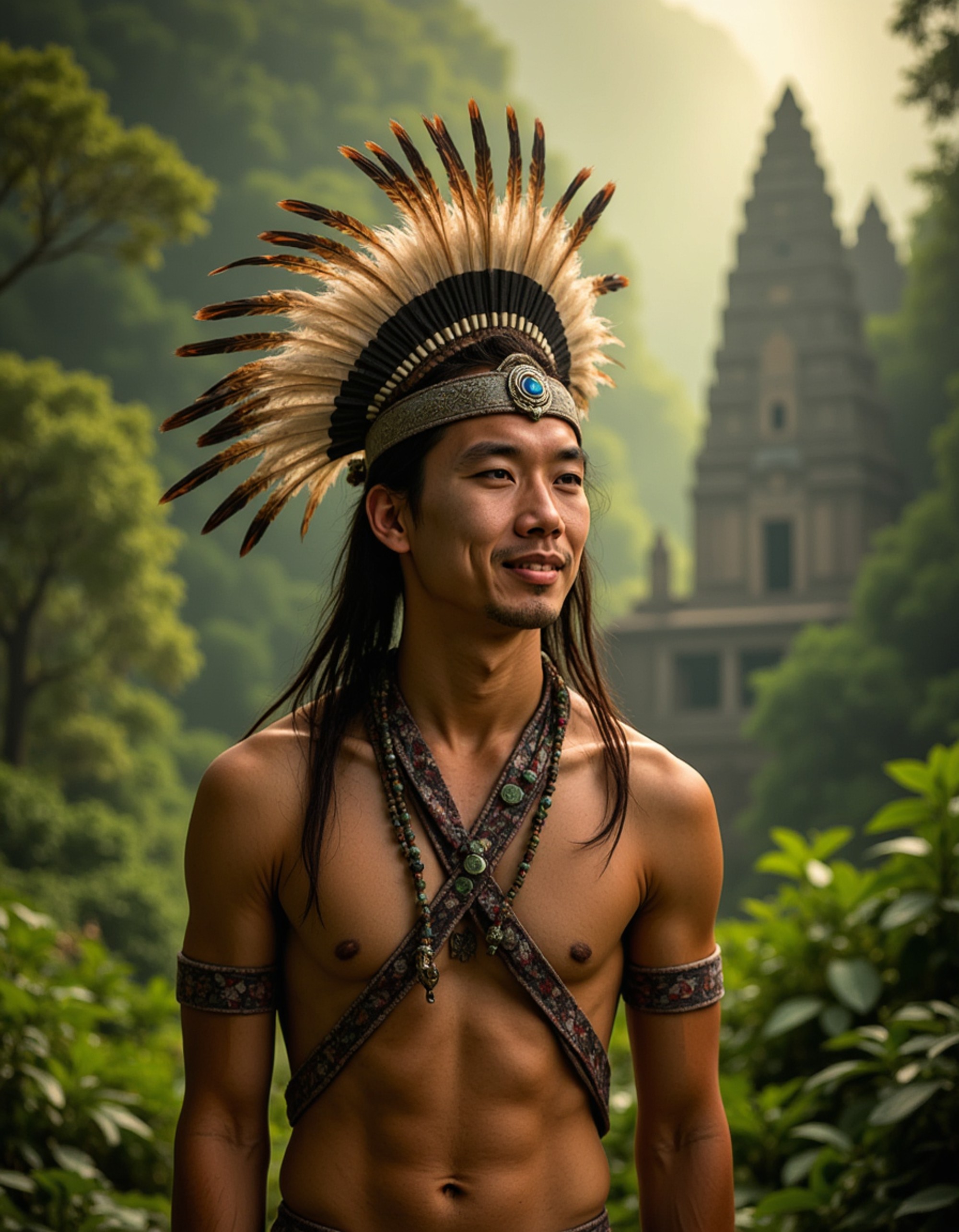 model as Tribal Warrior with ceremonial face paint and feathered headdress, jungle temple ruins background, shafts of sunlight through canopy, National Geographic photography style, hyper detailed