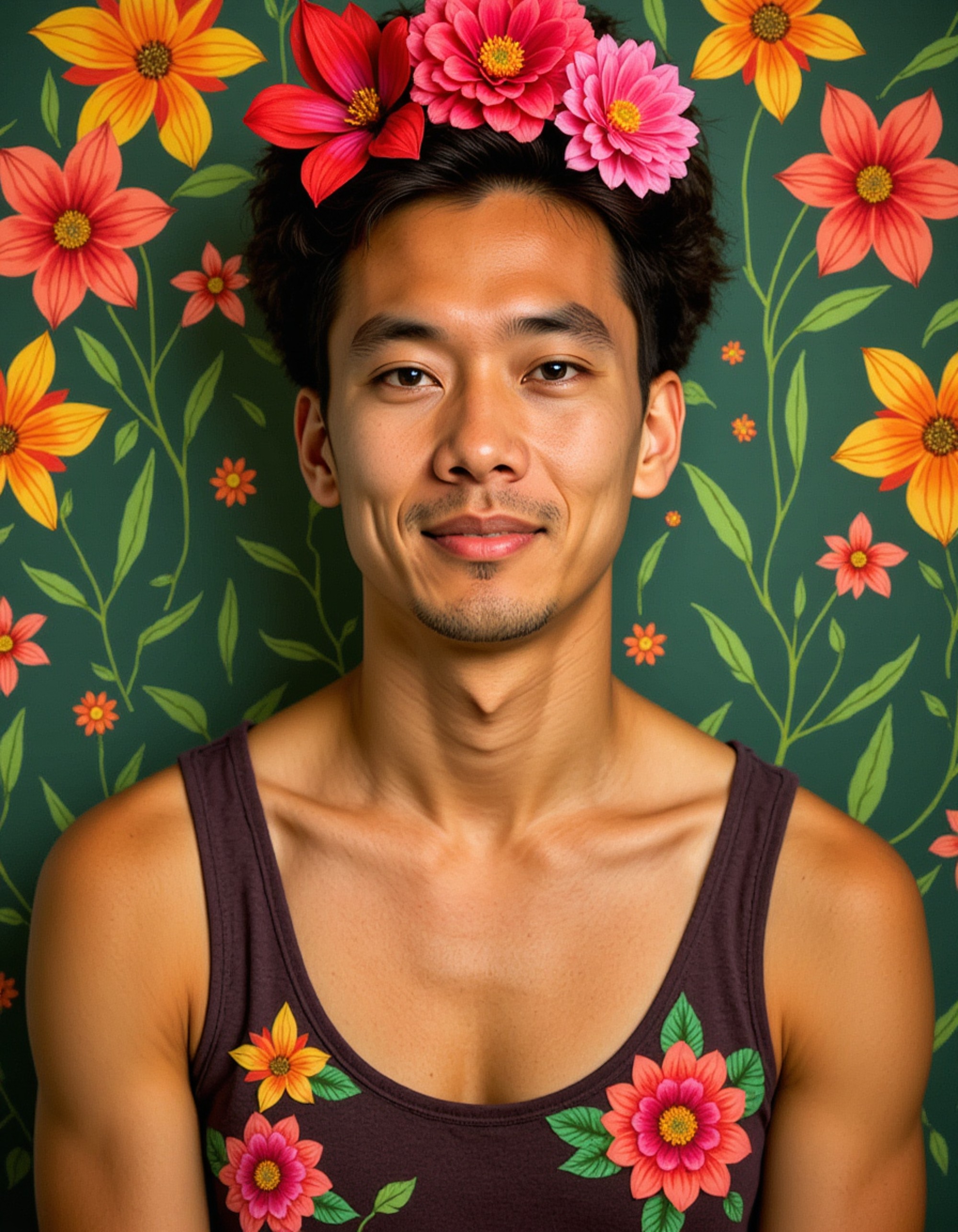 model in style of Frida Kahlo, vibrant Mexican folk art elements, tropical flowers and symbolic imagery, bold colors, self-portrait aesthetic, magical realism painting