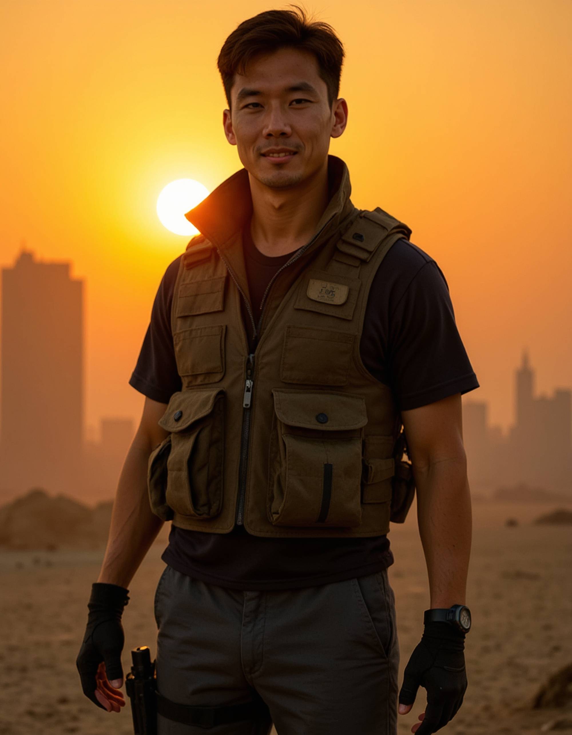 model as Dystopian Rebel Leader in tactical vest and combat gear, destroyed cityscape background, orange apocalyptic sky, gritty sci-fi atmosphere, by Simon Stalenhag and Ash Thorp, octane render