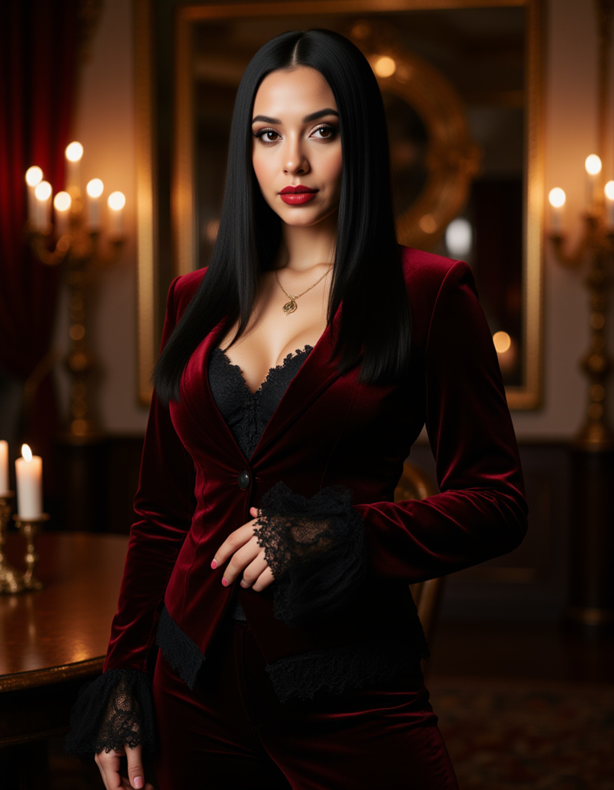model as Baroque Vampire aristocrat in ornate velvet suit with lace cuffs, gothic castle interior, candlelit atmosphere, crimson and gold color scheme, dramatic chiaroscuro lighting, Anne Rice aesthetic