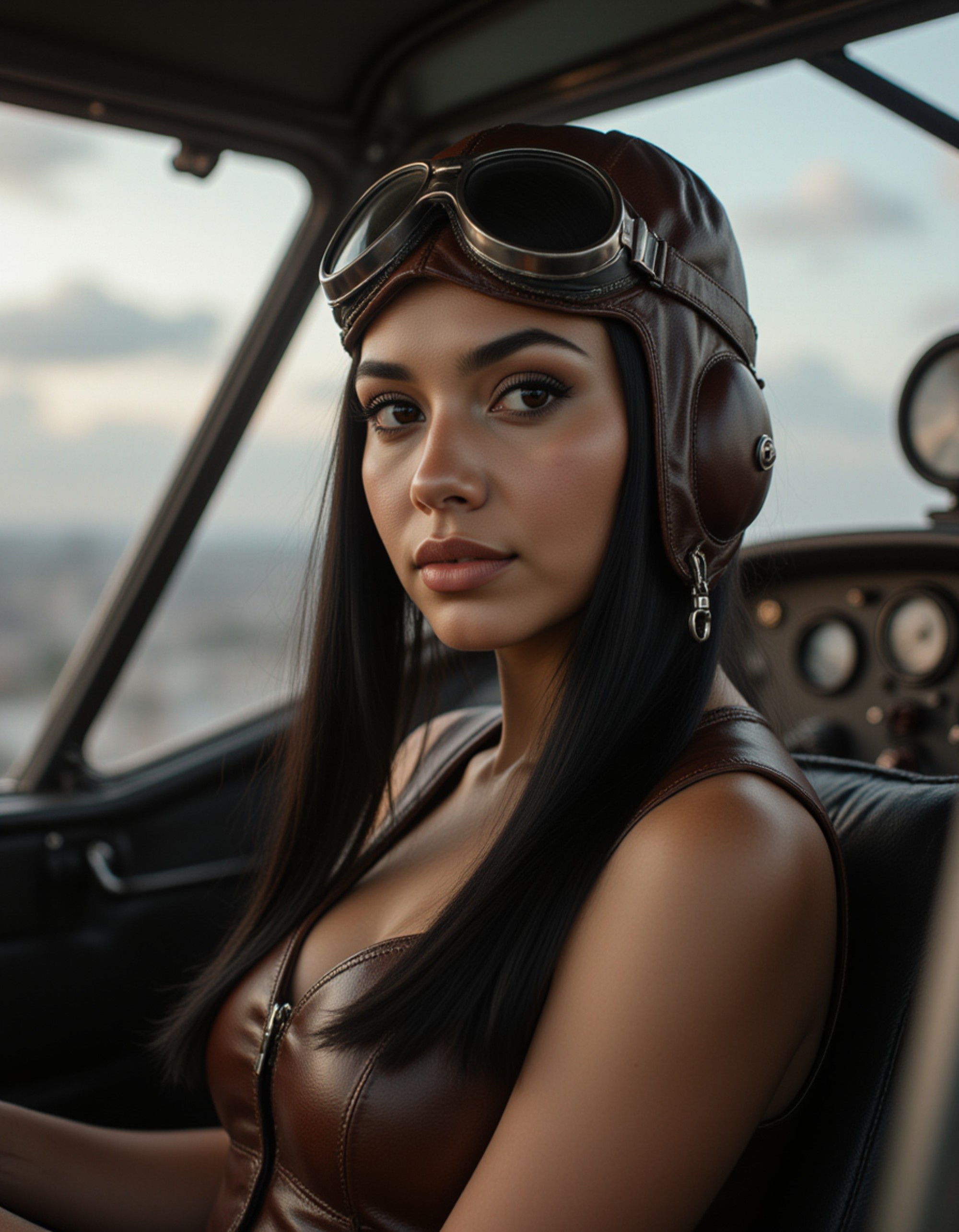 model as Dieselpunk Pilot with leather aviator cap and goggles, vintage aircraft cockpit, stormy skies background, oil-stained mechanical details, 1930s retro-futuristic style